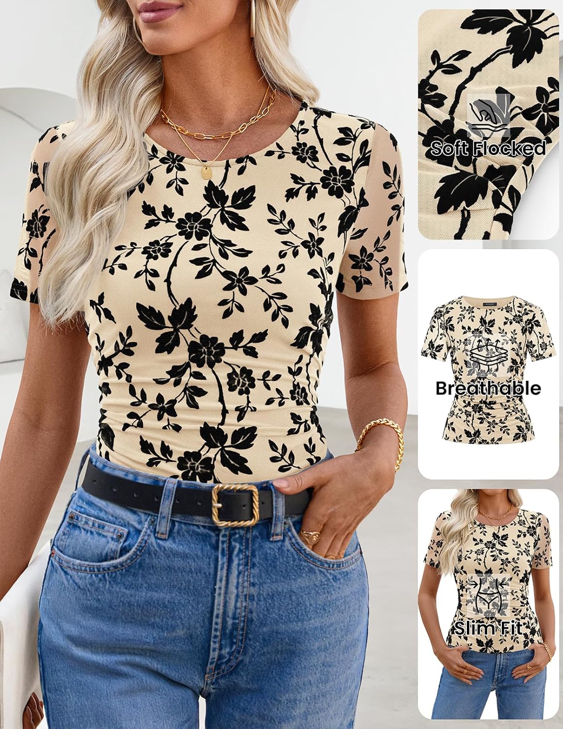 MEROKEETY Women's 2026 Summer Short Sleeve Floral Tops Spring Vacation Dressy Casual Crewneck Slim Fit Mesh T Shirt Blouses - Image 3