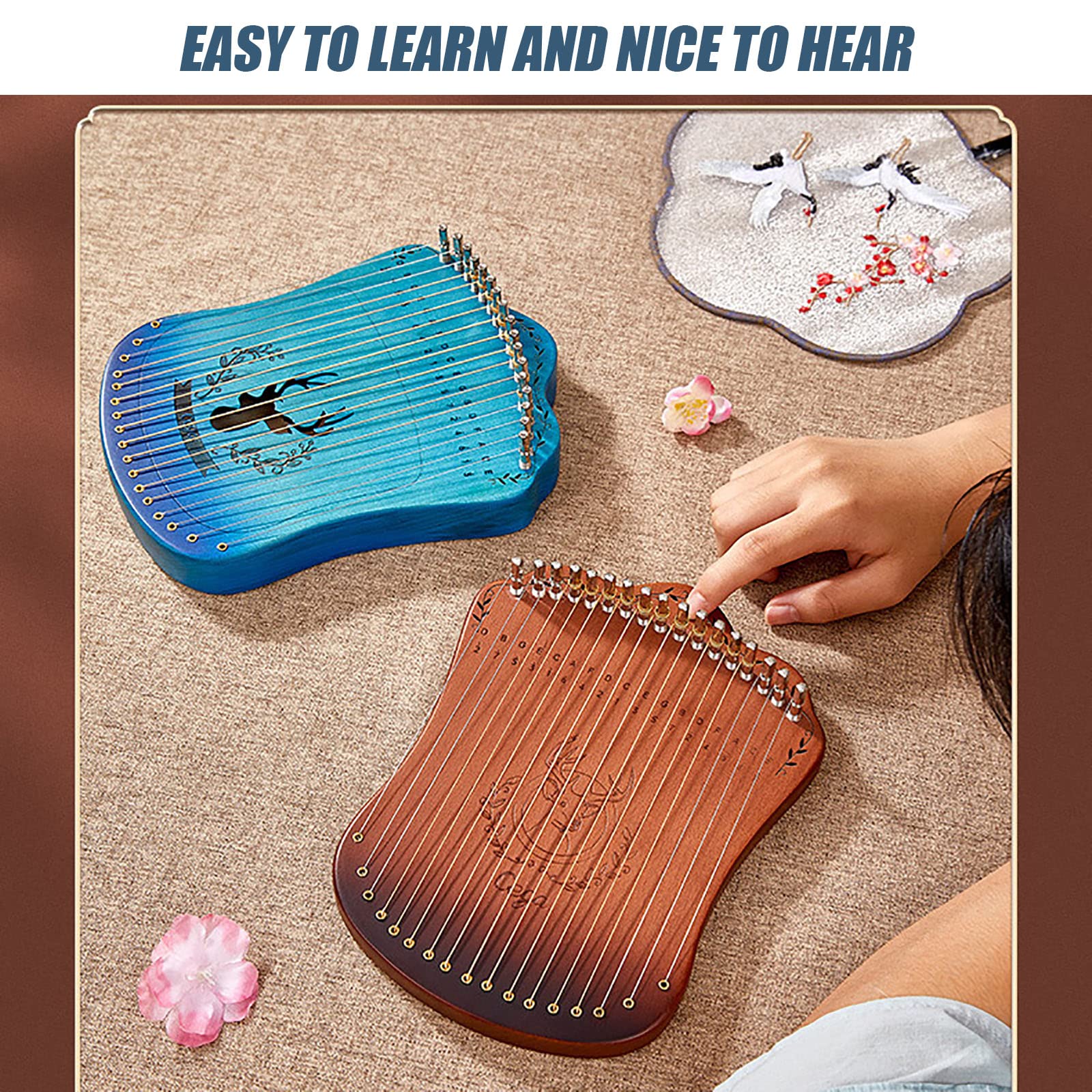 Metall Mahagoni Leier Harfe, Lyre Instrument Tragbare Harfe Instrument Mahagoni mit Stimmschlüssel und Tragetasche, Lyre Harfe für Kinder/Anfänger/Erwachsene Speakers Blue