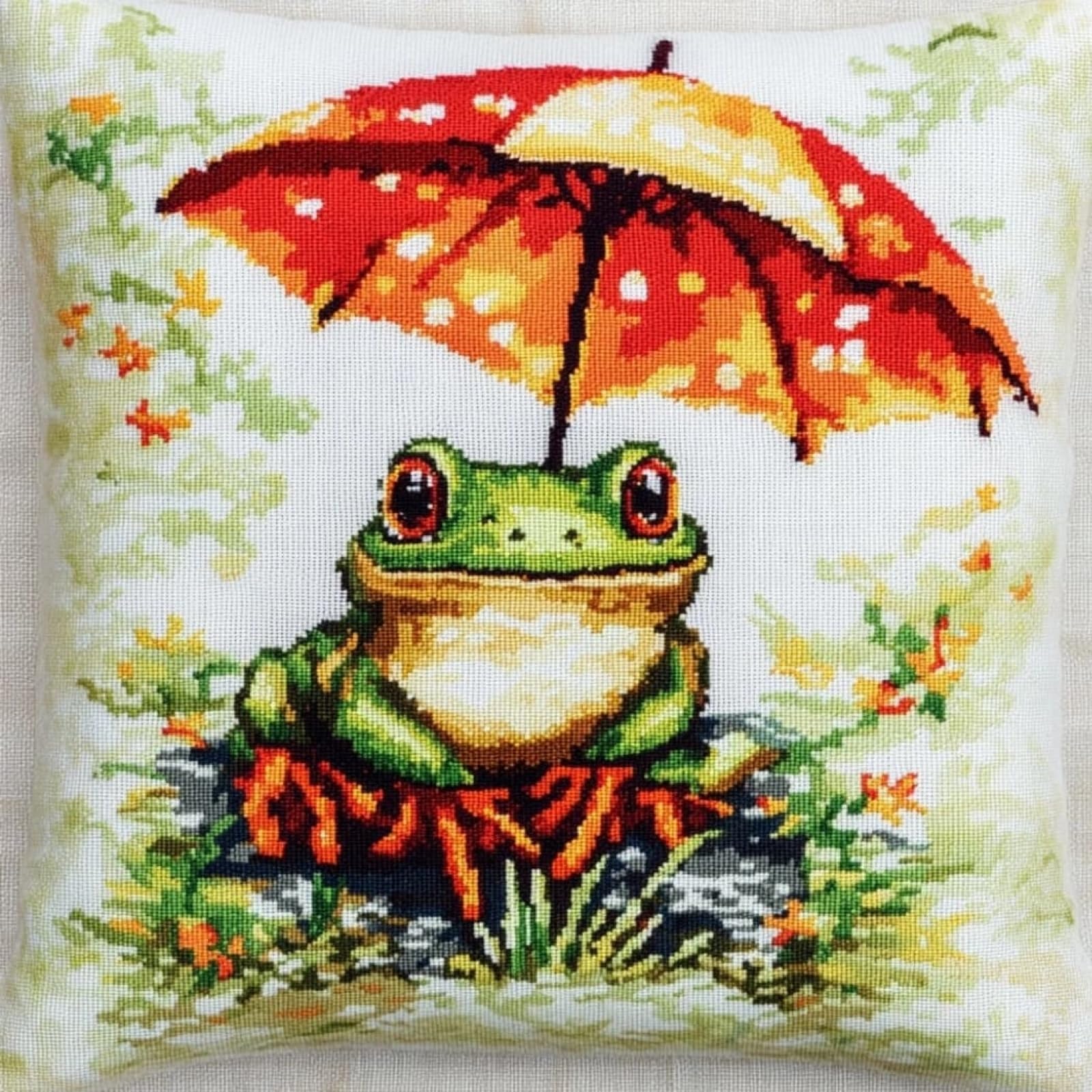 WallustrioaW Cross Stitch Pillow Kits for Adults,Frog with an Umbrella DIY Cushion Embroidery Kit 45x45cm Needlepoint Handmade Needlework Cushion Kit