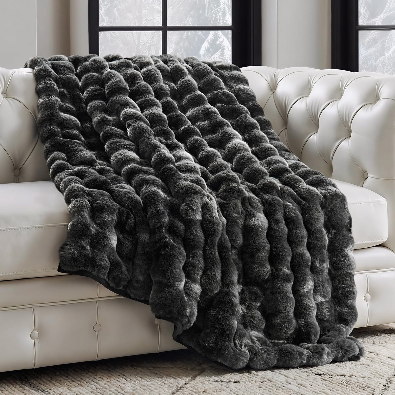 Photo 1 of EverGrace Faux Rabbit Fur Bubble Throw Blanket, 60"x80", Marble Black