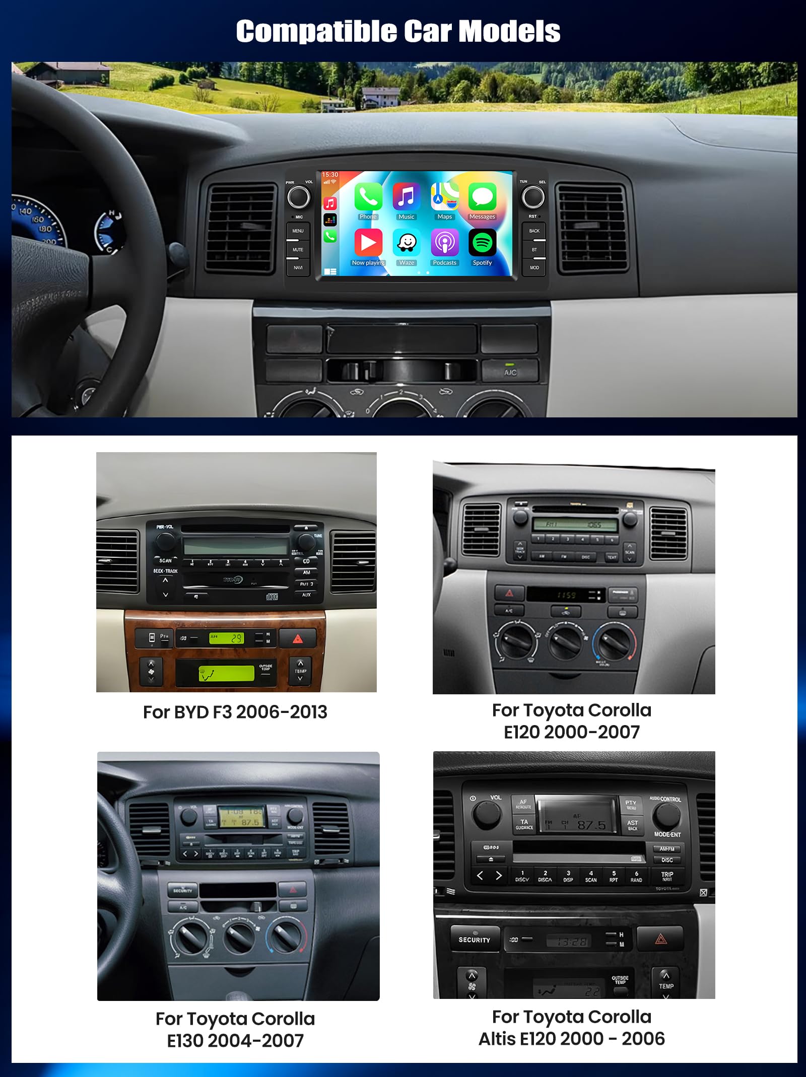 CAMECHO 4+64 GB Android 15 do samochodów Toyota Corolla E120/E130 (2000–2007) i BYD F3 (2000–2006) z CarPlay GPS Android Auto ekranem dotykowym 7 cali radio Bluetooth WiFi FM/RDS kamera