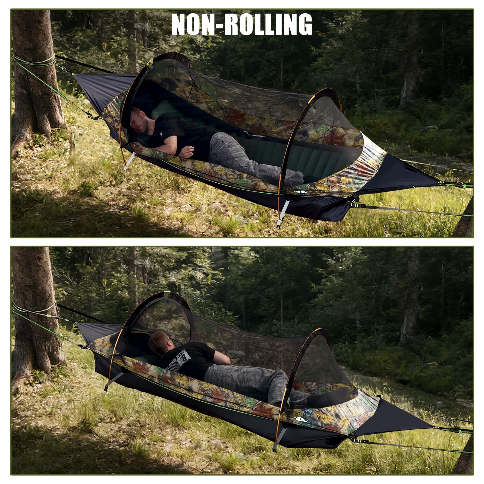 Night Cat Hamaca de Fondo Plano para 1 Persona con Mosquitera y Cubierta Impermeable Senderismo Camping Jardín Patio Trasero Salvaje Camuflaje Pro
