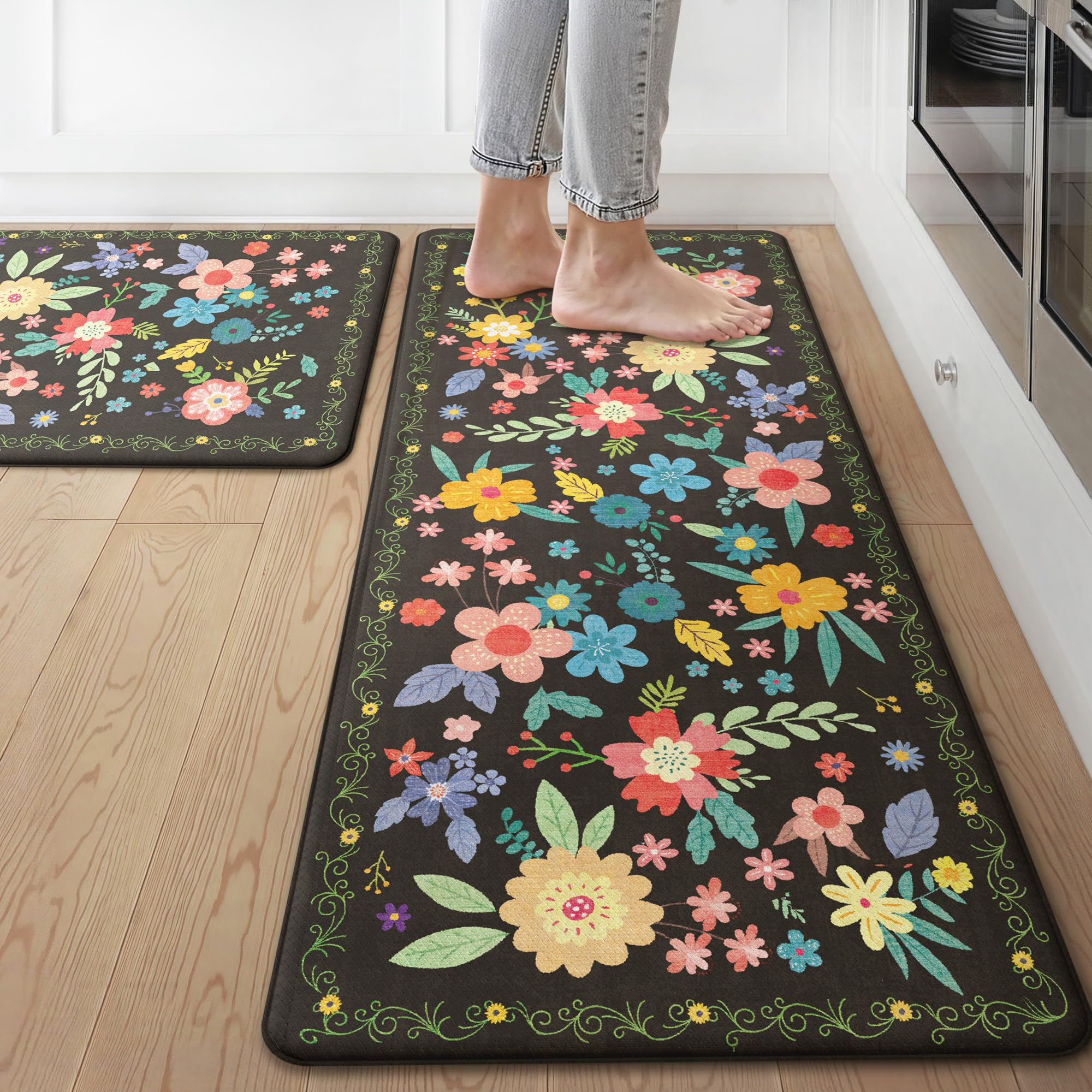 GENIMO Kitchen Mats for Floor 2PCS, Cushioned Kitchen Rugs Non Slip Washable, Farmhouse Anti Fatigue Mat Waterproof, Comfort Standing Mat Rug for Office, Home, Laundry, Sink, 20"x48"+20"x32", Black