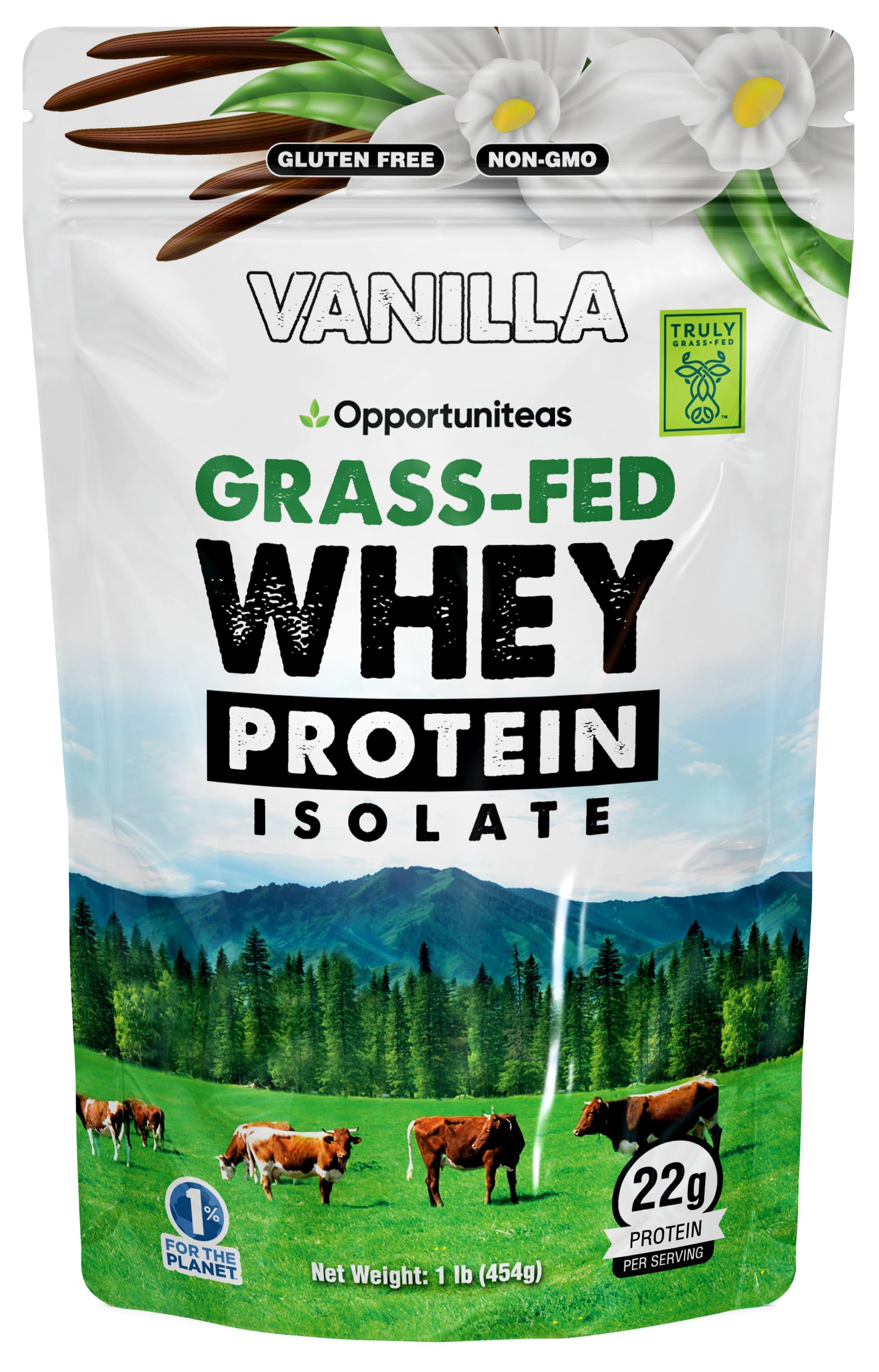 Opportuniteas Grass Fed Vanilla Whey Protein Isolate Powder - 22g Protein Powder Without Artificial Sweeteners, Hormone-Free Cows, Non GMO - 1lb