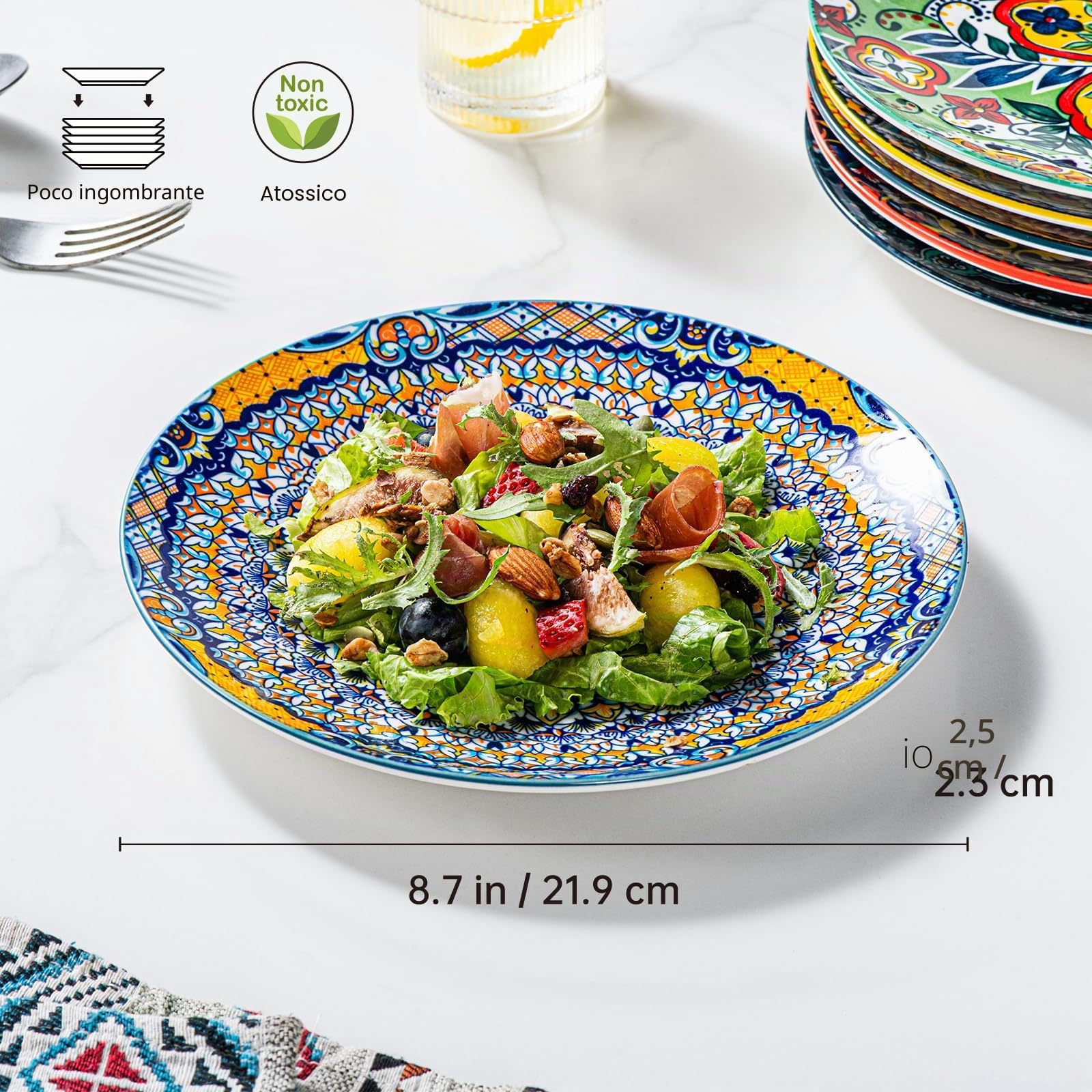 HENXFEN LEAD Piatto Da Insalata in Porcellana, 21 cm, Da Colazione e Dessert in Ceramica - Set Di 6 Rotondi Piccoli Con Motivo Colorato, Stile Bohemien