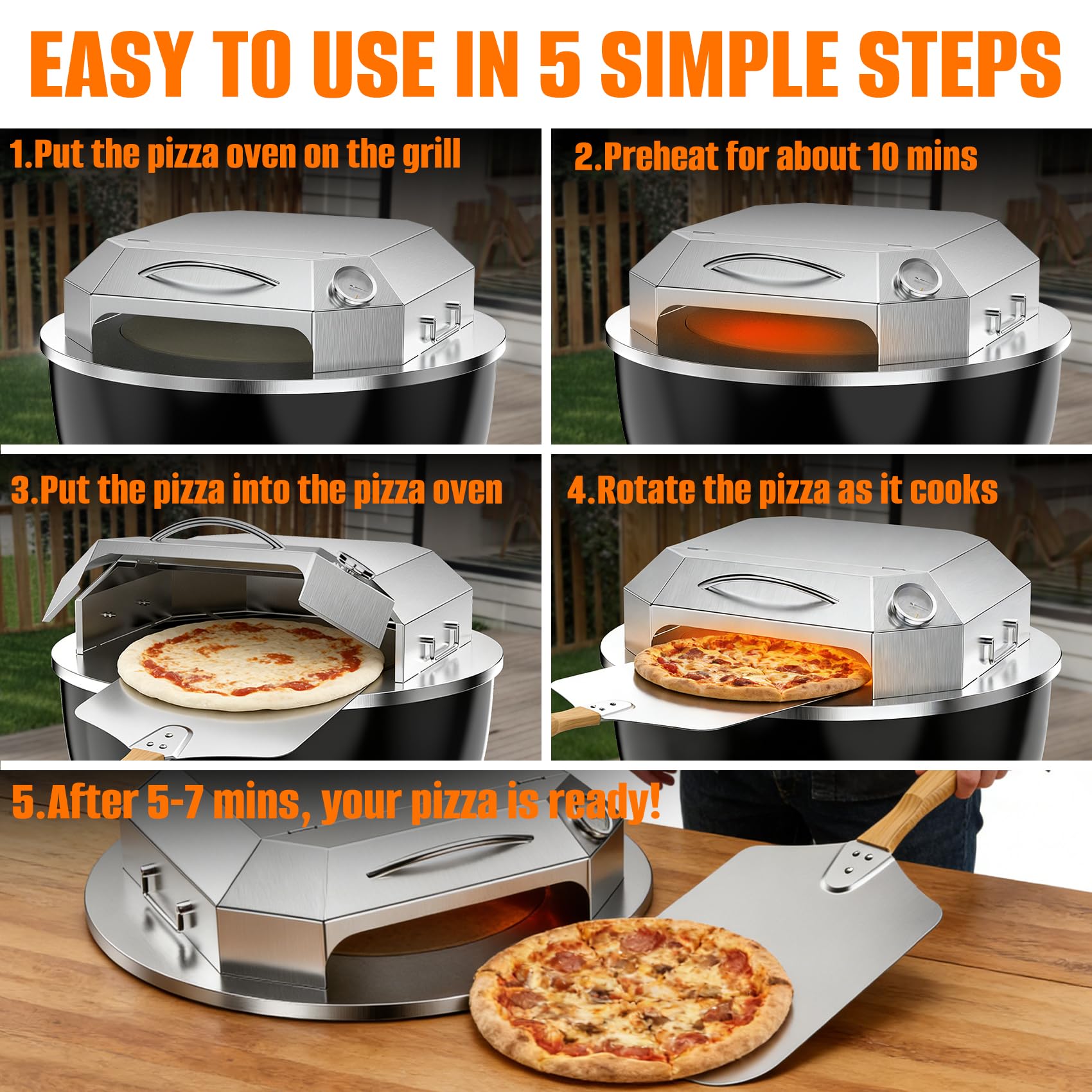 Onlyfire - Forno per pizza in acciaio inox per barbecue a carbonella da 55,9 cm, kit per forno per pizza, set di strumenti per pizza con camera per pizza, pietra per pizza, pala per pizza e termometro