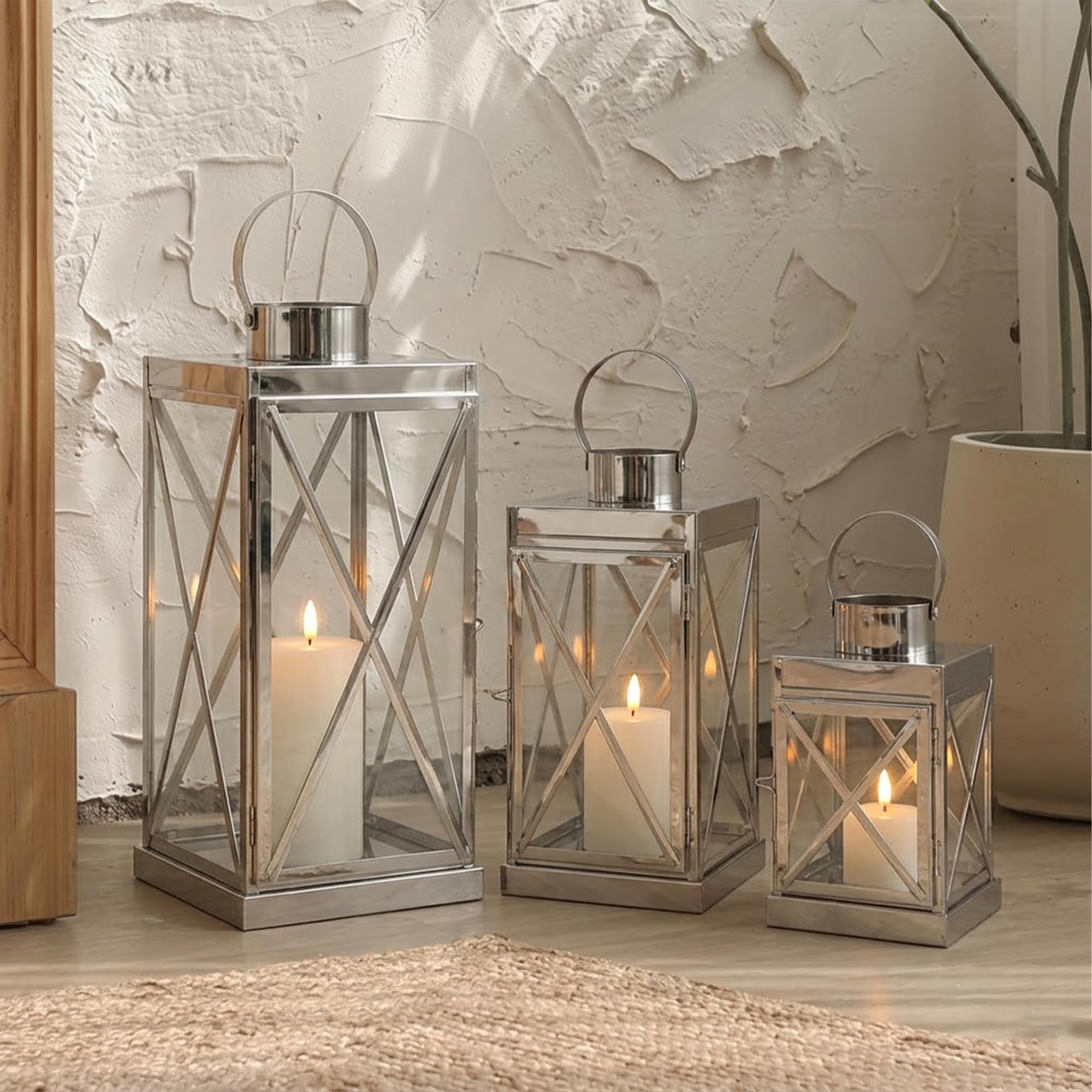 TRIROCKS Silver Stainless Steel Lantern Set of 3-Square Elegance 8/12/16 Inch Opulent Metal Candle Lanterns Candle Holder with Tempered Glass for