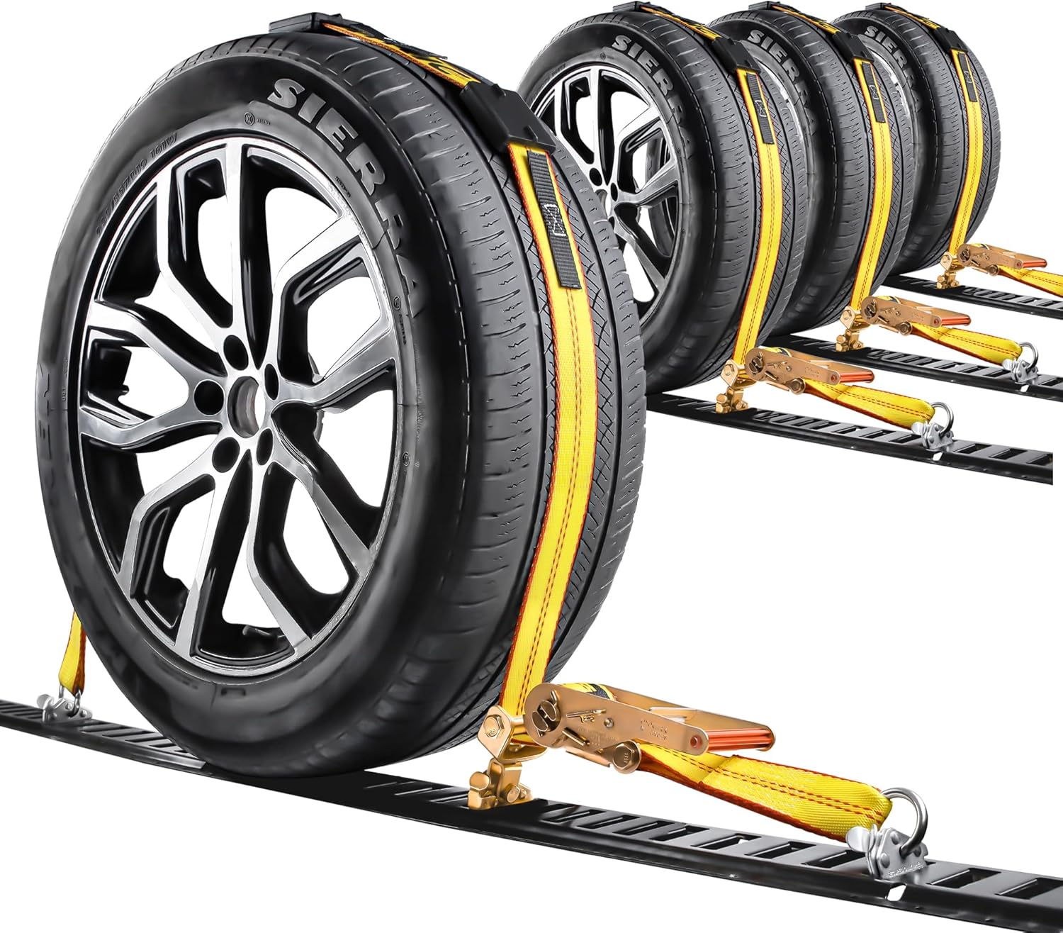 E-Track Tire Straps,2 inch x 12 feet Car Hauler Straps with E-Track Anchors and 3 Rubber Blocks Heavy Duty Wheel Tie Down Strap for Hauling Cars/Truck/UTV/Trailers-4Pack