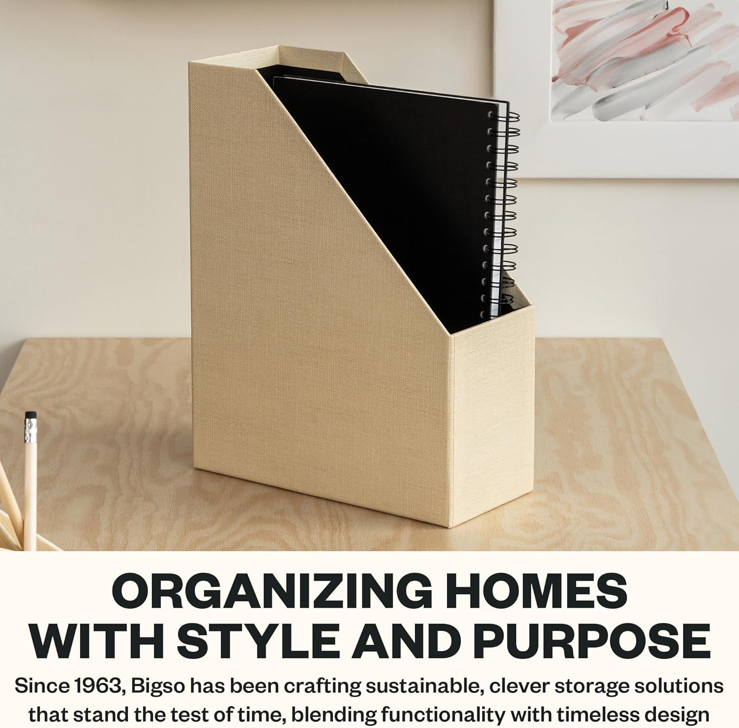Bigso Estelle Magazine File - Magazine Holder and Organizer for Papers and Catalogs with Leather Handle - Magazine File Holder for Office Desks - 12.6 in x 4.5 in x 9.8 in - Cream