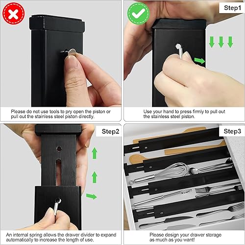 Miniatura 5 de Ruichang Divisor de bambú para cajones de cocina, paquete de 4, organizador de cajones de utensilios ajustable de 17-22 pulgadas para tocador, baño,