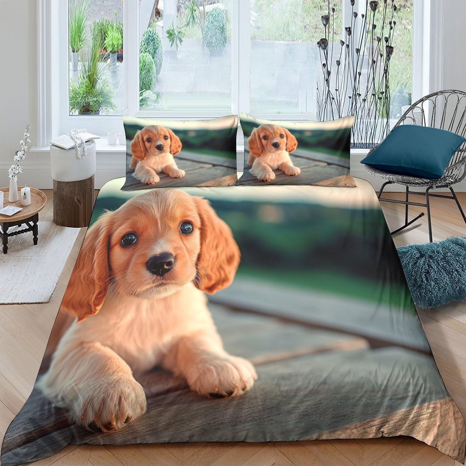 P5V6M1Q9 3D Printed Cute Puppy Duvet Cover Microfiber Soft Breathable Dog Bedding Set with 2 Pillowcases for Bedroom Decor Single（135x200cm）