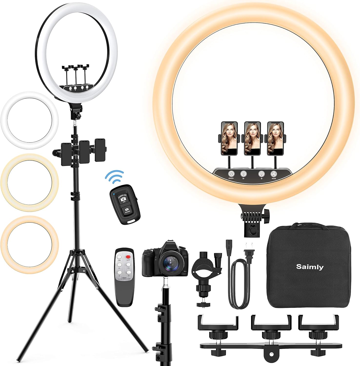 Aluminum Remote Controlled LED Selfie 10“12“14“ 18“Ring Light 3m Wire,Saimly Portable Tripod Camera Ring Light and 4 Phone Stands, 3000k-6500k Dimmer for Photography/Makeup/Video (18inch-Stand)