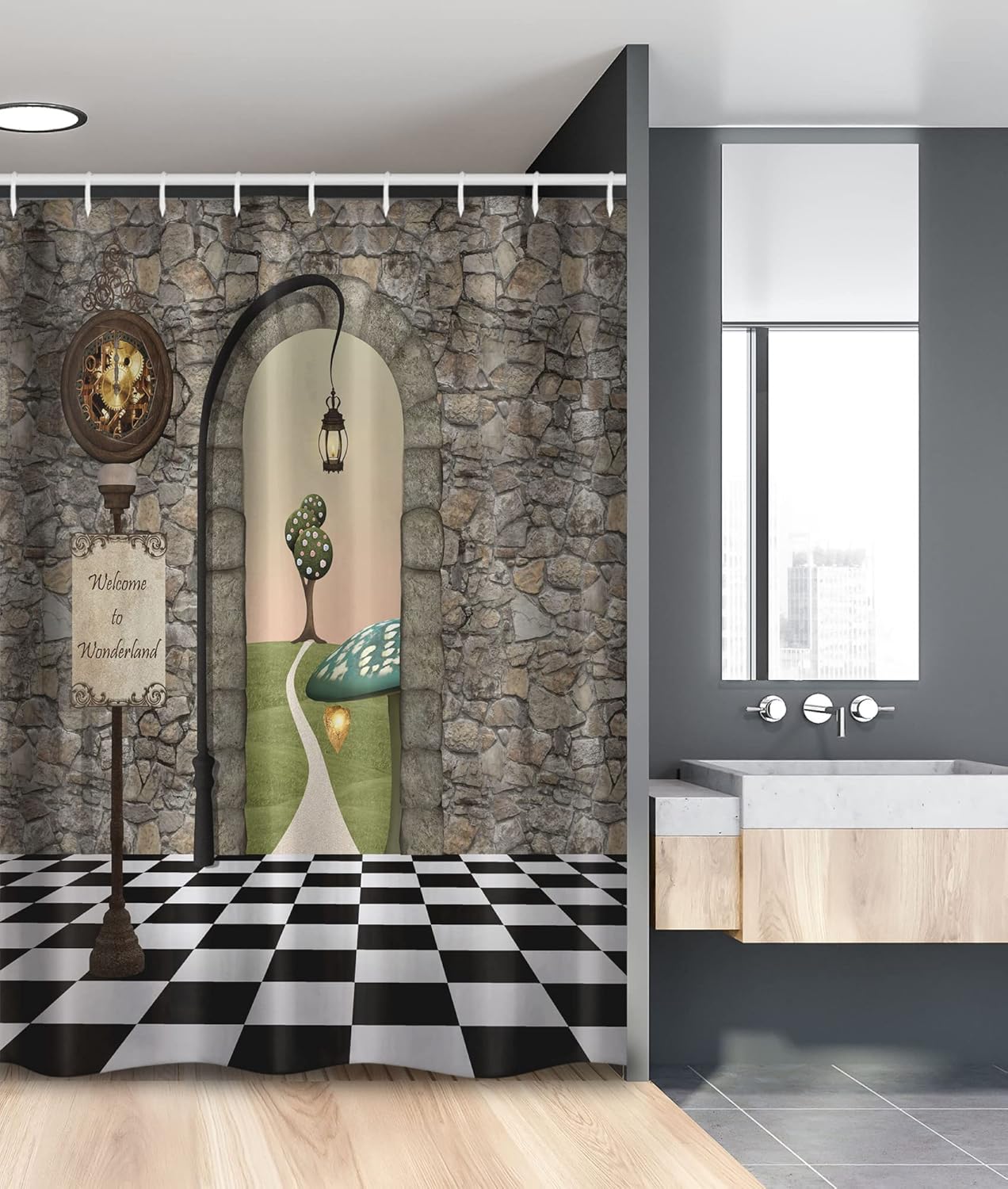 Ambesonne Alice in Wonderland Stall Shower Curtain, Welcome Wonderland Black and White Floor Landscape Mushroom Lantern, Fabric Bathroom Decor Set with Hooks, 54" X 78", Black Green