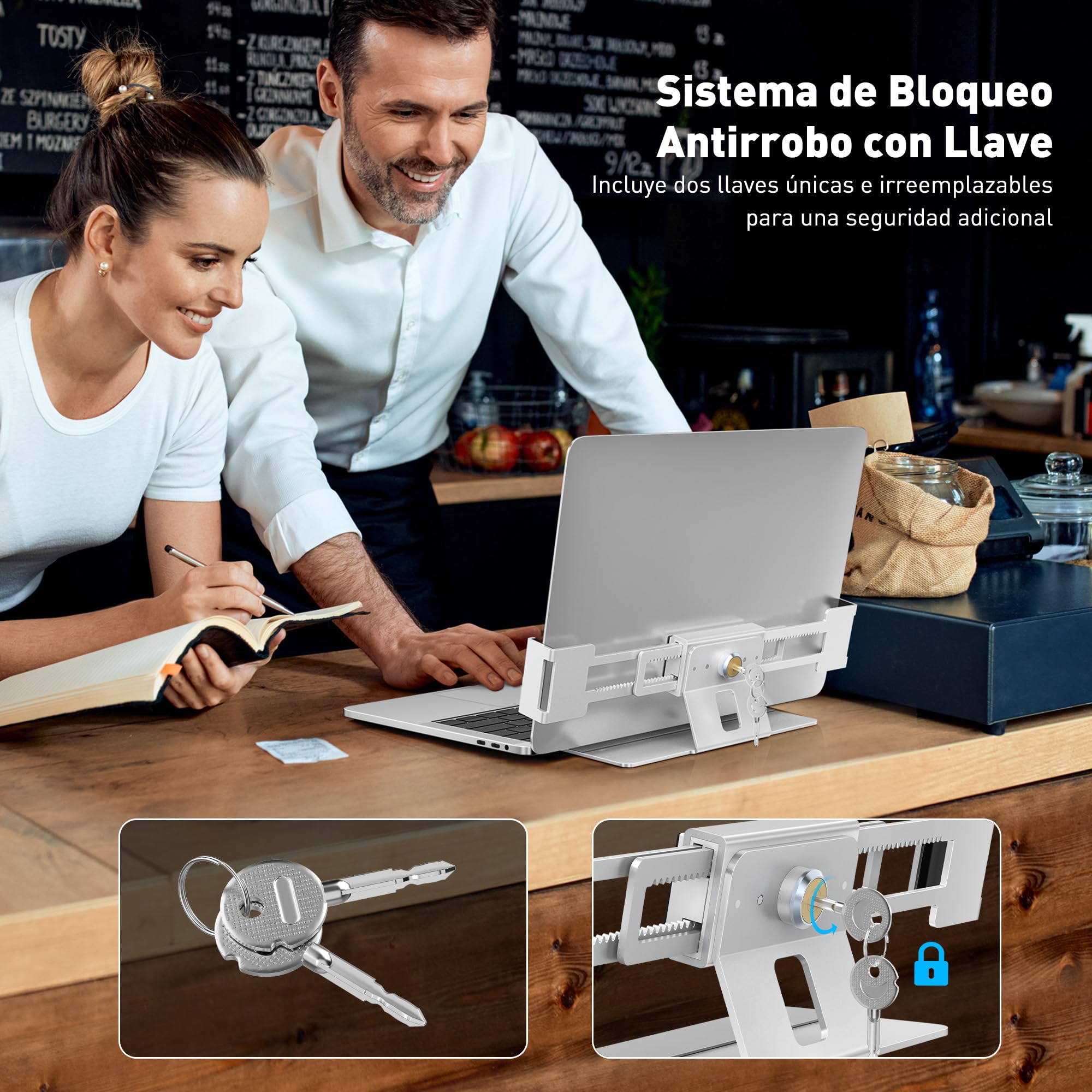 AboveTEK estación de Bloqueo portátil, candado de Seguridad MacBook de Aluminio con Cilindro de Cobre, Bloqueo antirrobo para portátiles 11''-17'' sin Ranura con Base Antideslizante-Plata