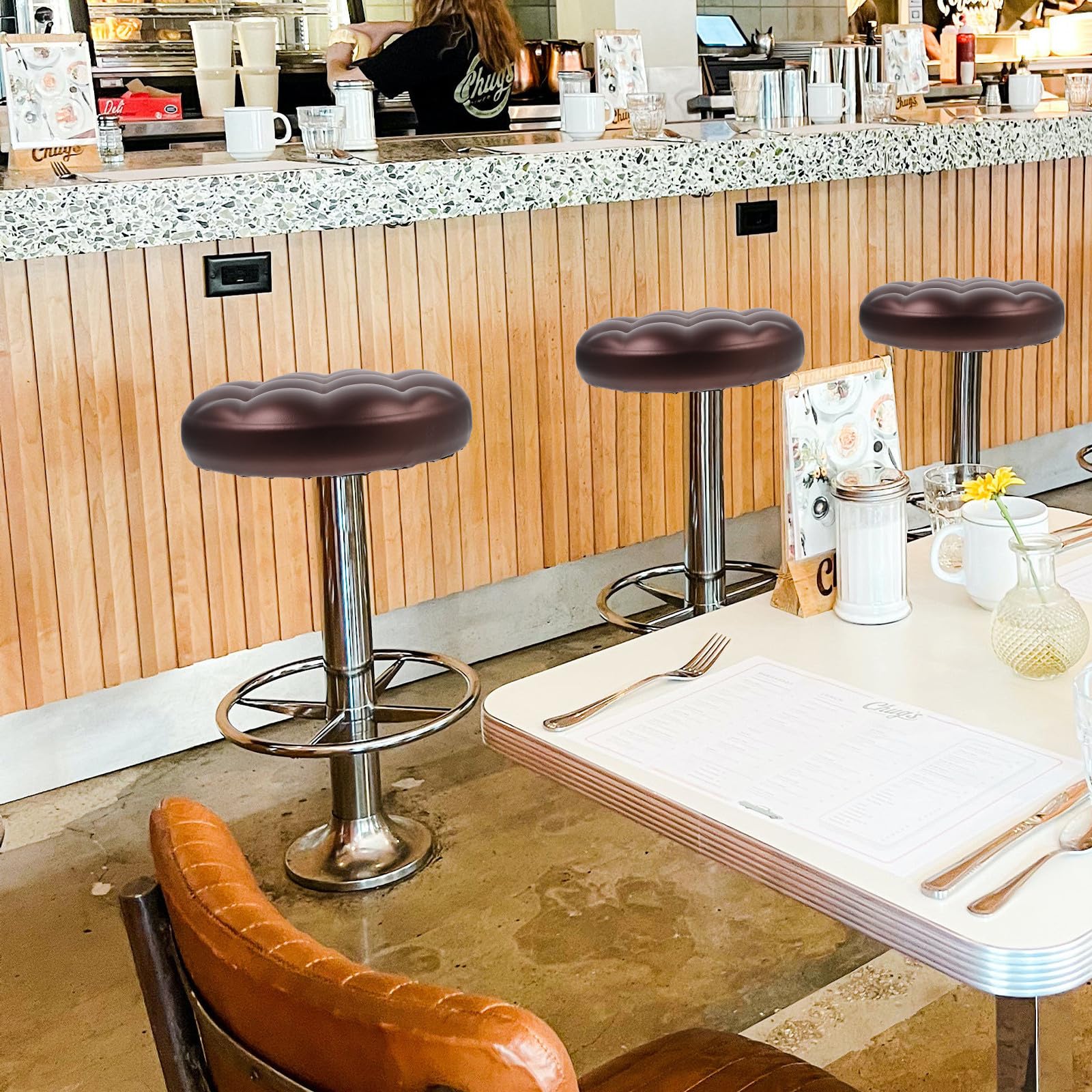 ULTECHNOVO Asiento de Taburete Giratorio de Bar, Cojín de Asiento de Taburete Redondo de PU y Espuma, Marrón, Cómodo, Fácil de Limpiar, para Reparación y Oficina