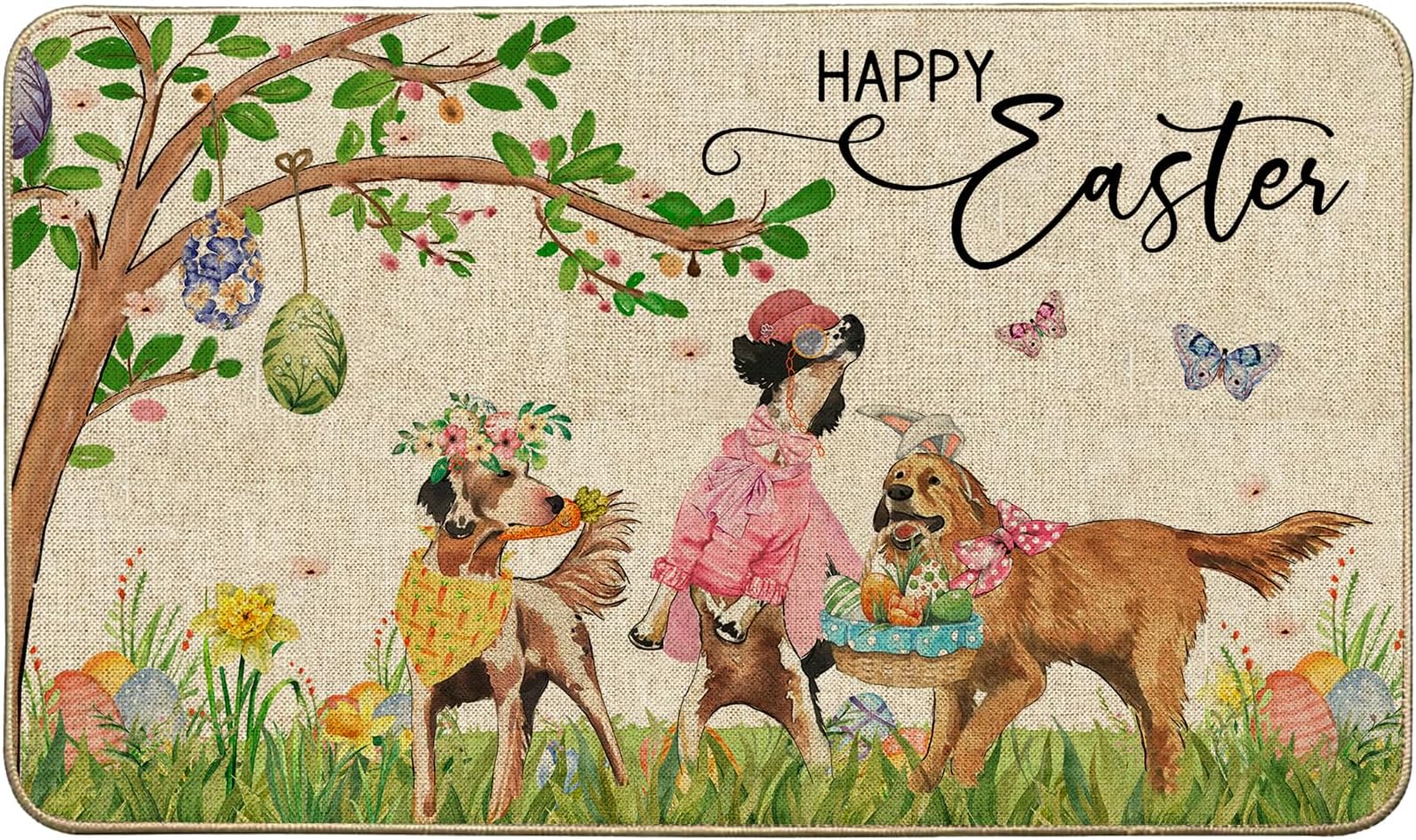 GAGEC Happy Easter Door Mat Cute Bunny Rabbit Floral