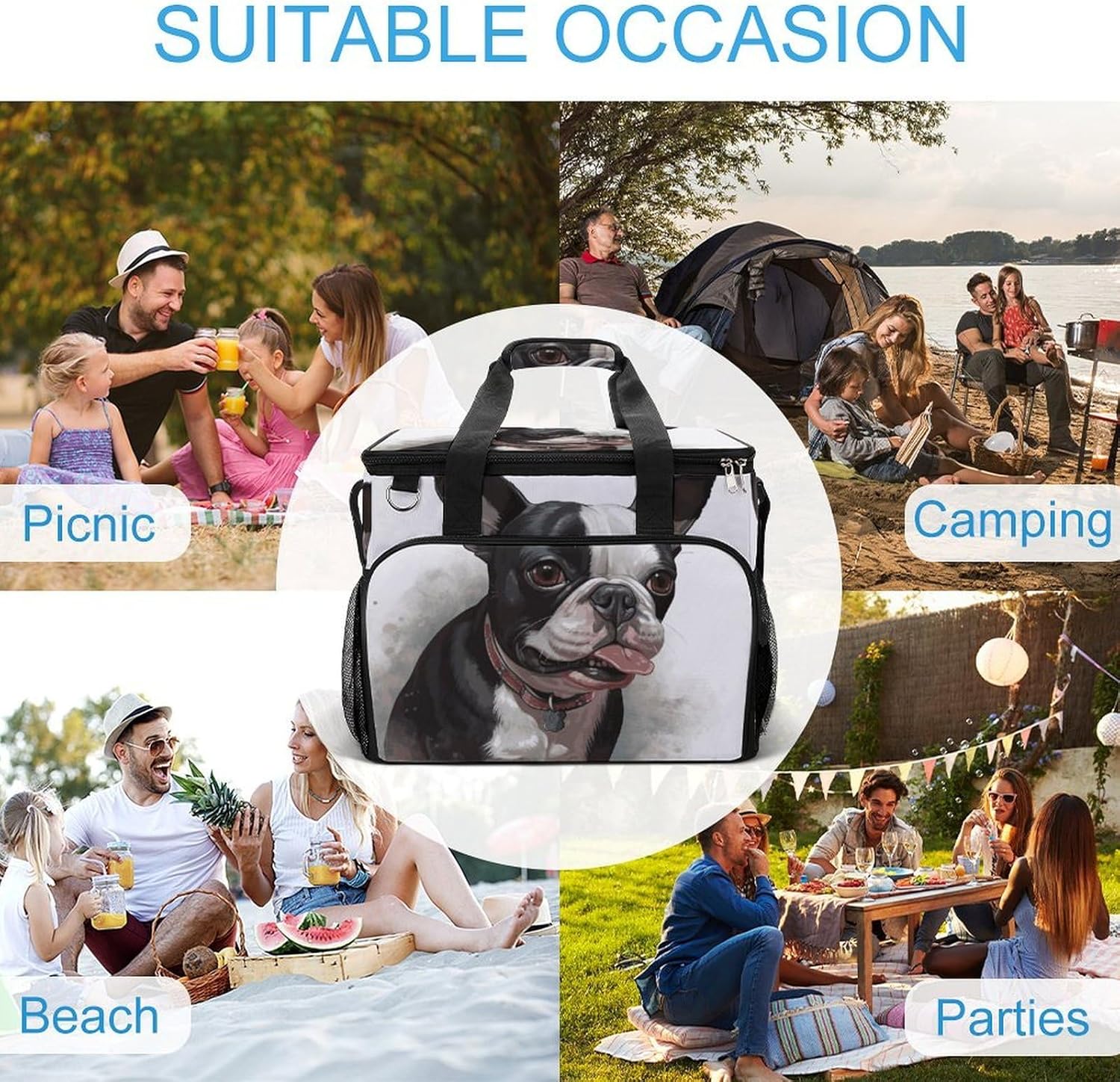 Insulated Picnic Backpack Tote Bag, Large Capacity 30L Boston Terrier Cooler Bag Leakproof Beach Bags Portable Lunch Box Waterproof Picnic Basket for Beach Camping BBQ