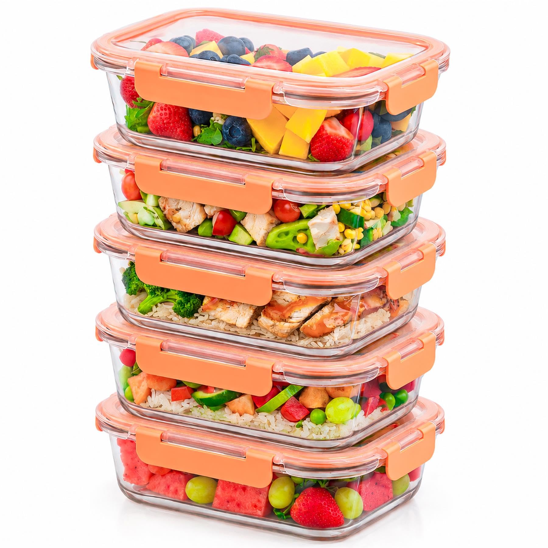 Innoteck Orange Glass Food Storage Container Set With Airtight Locking Lids (1040Ml Each) – Rectangular Borosilicate Meal Prep Boxes, Leakproof & Dishwasher Safe - Pack Of 5