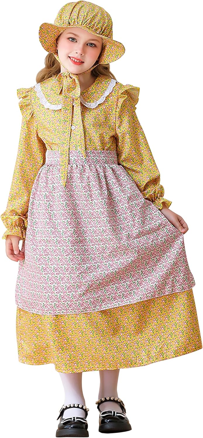 Happy Cherry Girls Pioneer Floral Dresses Set Colonial 1800s Renaissance Dress 3Pcs/4Pcs 3-15Y