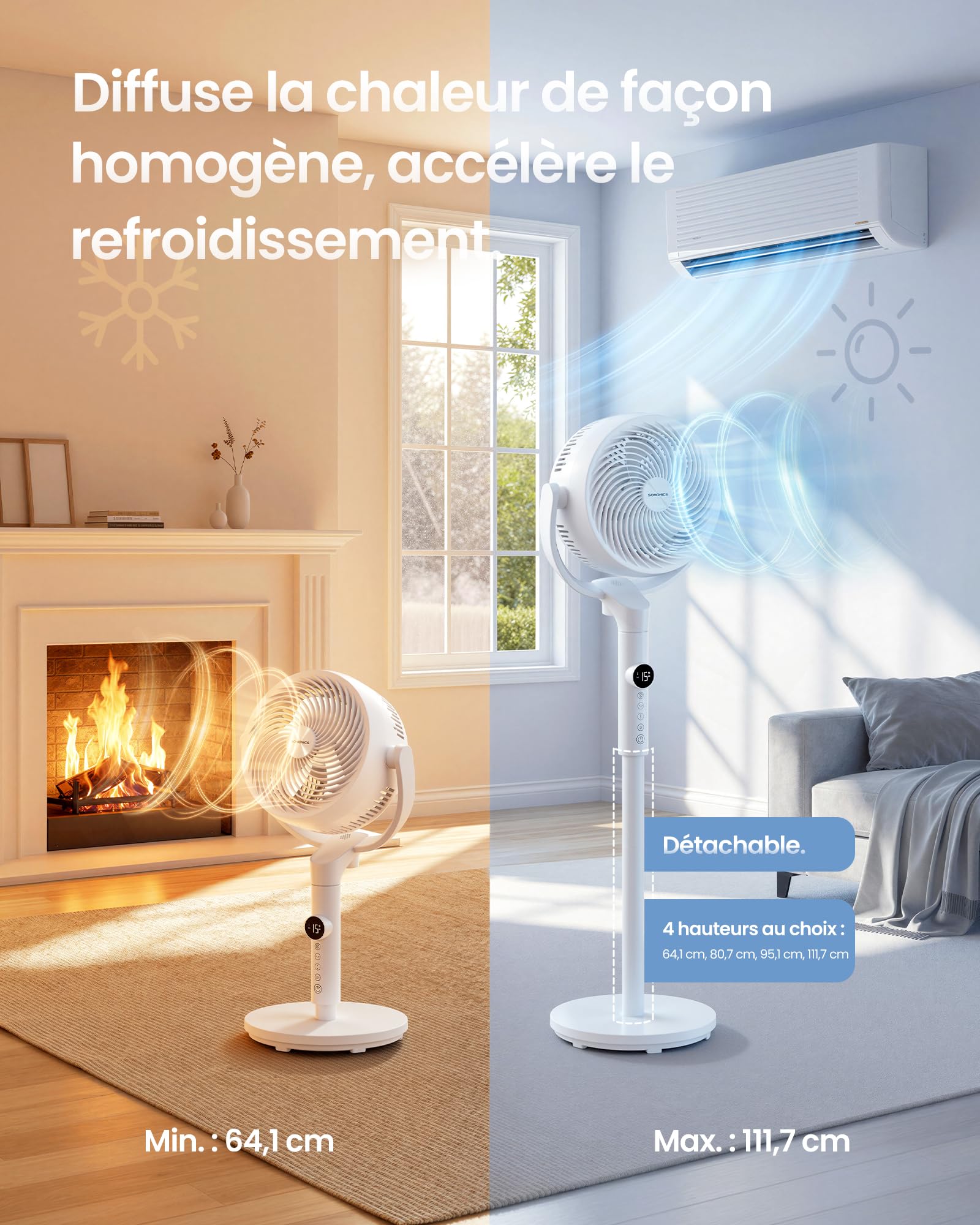 SONGMICS Ventilateur sur Pied Silencieux 20 dB, avec Télécommande, Circulateur d’Air Puissant, Oscillation 120°+135°, 15 Vitesses, Minuterie 15 h, 3 Modes, Hauteur Réglable, Blanc Nuage XFC002W1EU