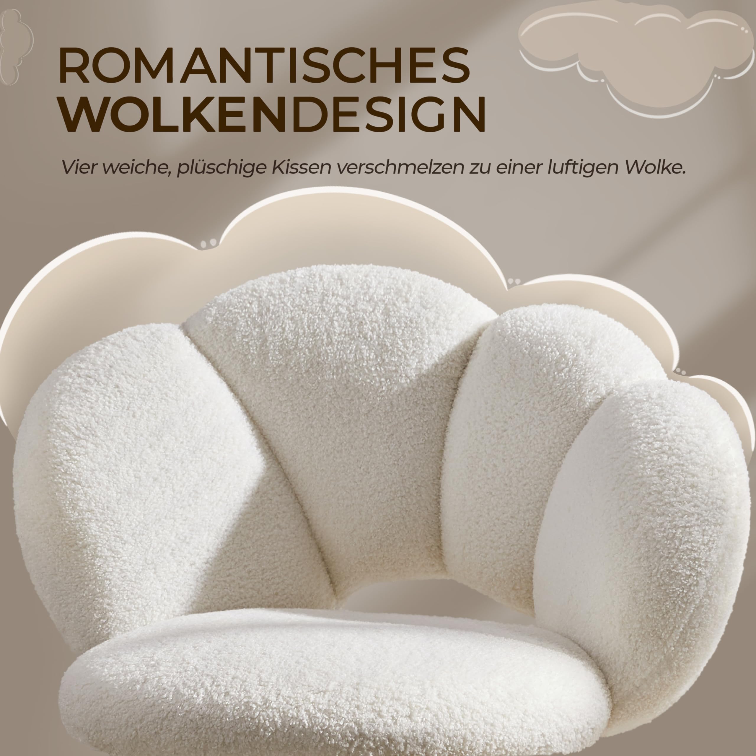 Yaheetech Schreibtischstuhl Bürostuhl Ergonomisch Bürosessel in Wolkenform Schminktischstuhl bis 136 kg Belastbar Computerstuhl Höhenverstellbar für Schlafzimmer Büro Wohnzimmer Weiß