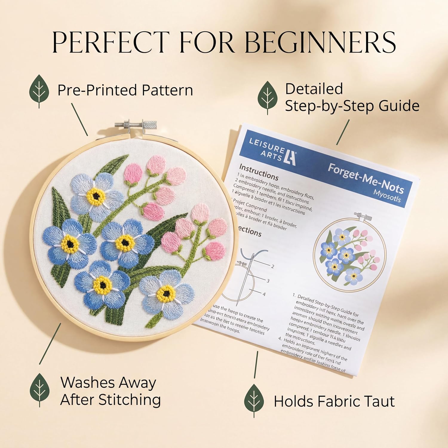 LEISURE ARTS Embroidery Kit Collection, 6 Inch, 3 Pack, Floral Embroidery Kits, with Hoops, Floss, Printed Fabric and Instructions, for Beginner and Relaxing Craft Projects
