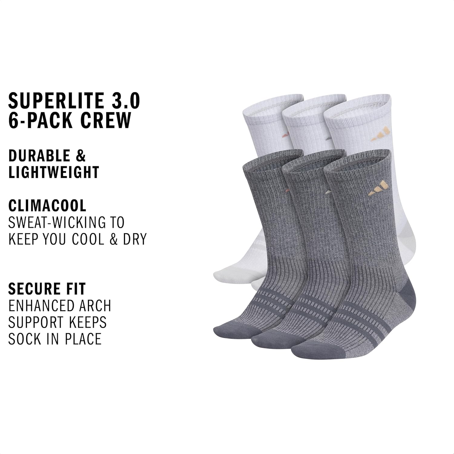 adidas womens Superlite Crew Socks (6 Pairs) Lightweight & Breathable - Image 3