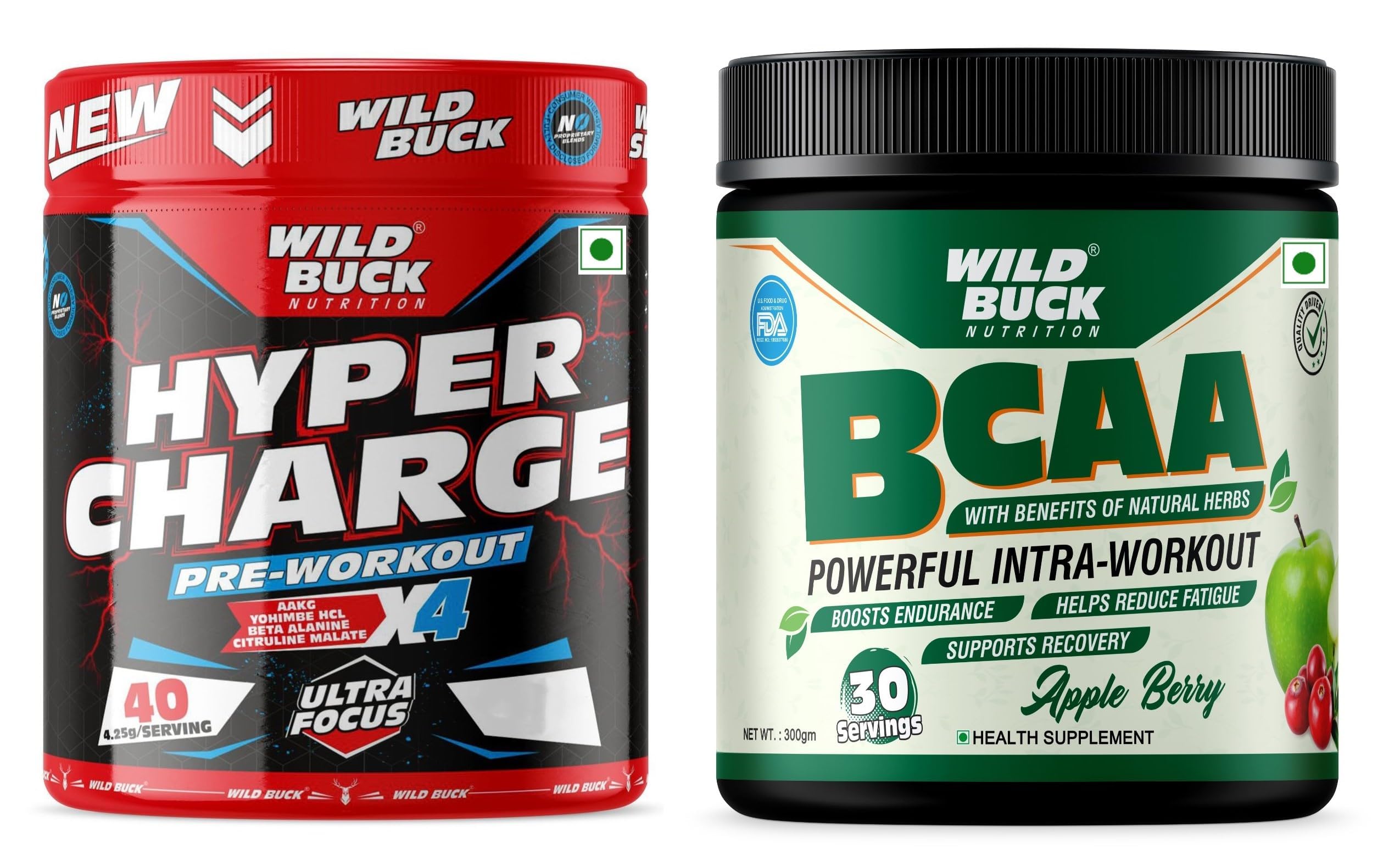 WILD BUCK Hyper Charge Pre-X4 Hardcore Pre-Workout Supplement Powder with Creatine Monohydrate, Arginine AAKG, Beta-Alanine, Caffeinated Punch -For Men & Women [40 Serv, American Cola] + Wild Buck BCAA Powder with Natural & Powerful Herbs for Muscle Endurance, Muscle Growth, Recovery & Hydration | Pre, Intra & Post Workout BCAAs Supplement for Women & Men [Apple Berry, 30 Servings, 300g]