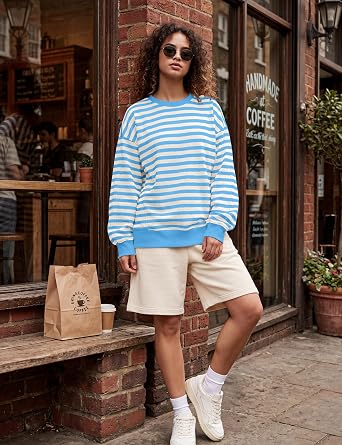 Meladyan Womens Striped Oversized Sweatshirt Cute Long Sleeve Pullover Tops
