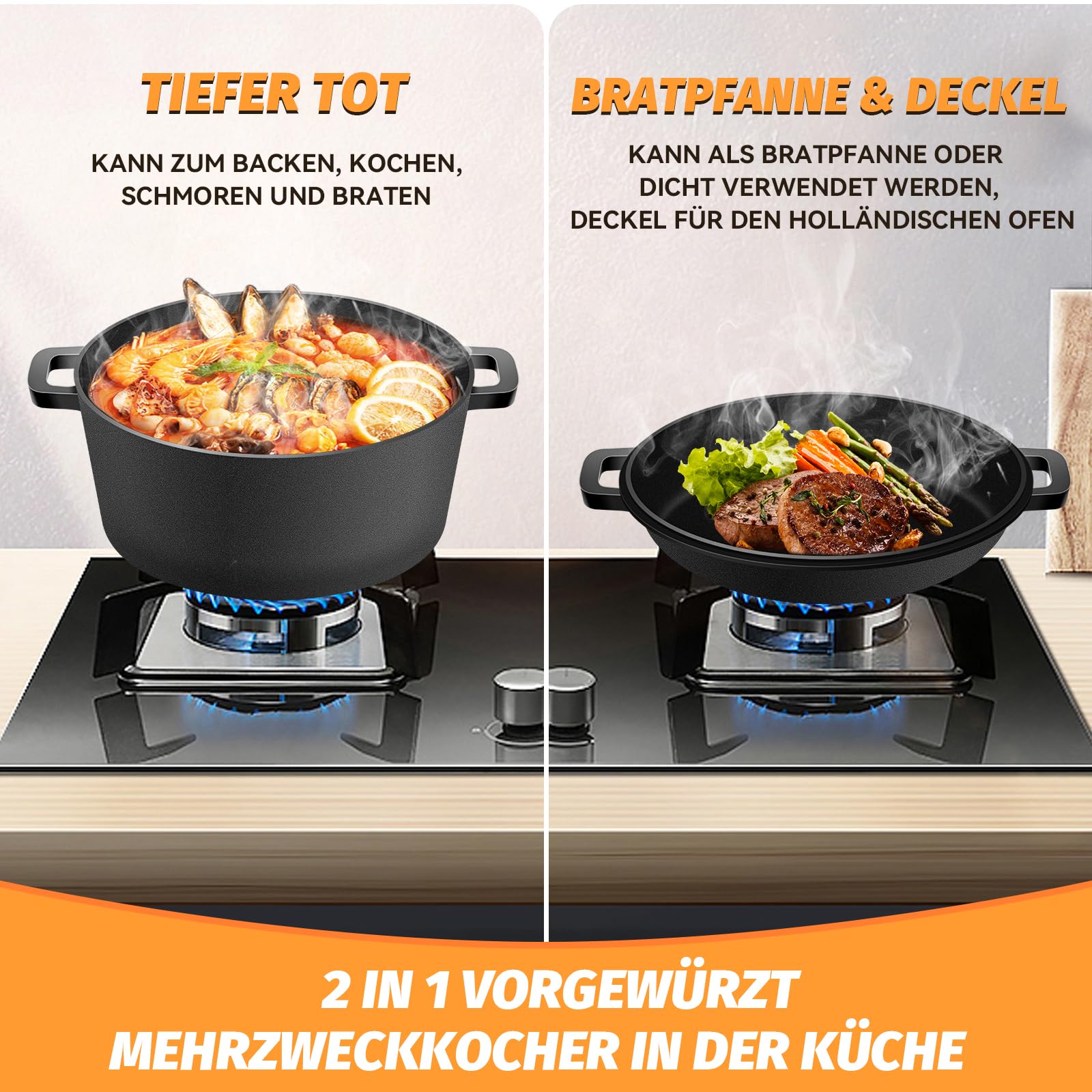 NZQXJXZ Gusseisen Topf Brot Backen Dutch Oven für Brotbacken, 26cm Brotbackform mit Banneton Brot Gärkorb Sauerteig Brotbacken Zubehör, 2-in-1 Brotbacktopf mit Pfanne Deckel Kochen Pan