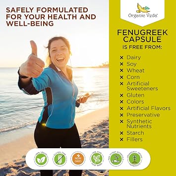 Organic Veda Fenugreek Capsules 120 100% Pure and Natural Raw Herb Super Food Supplement. Non GMO, Gluten Free. US FDA Registered Facility. Kosher Certified.All Natural