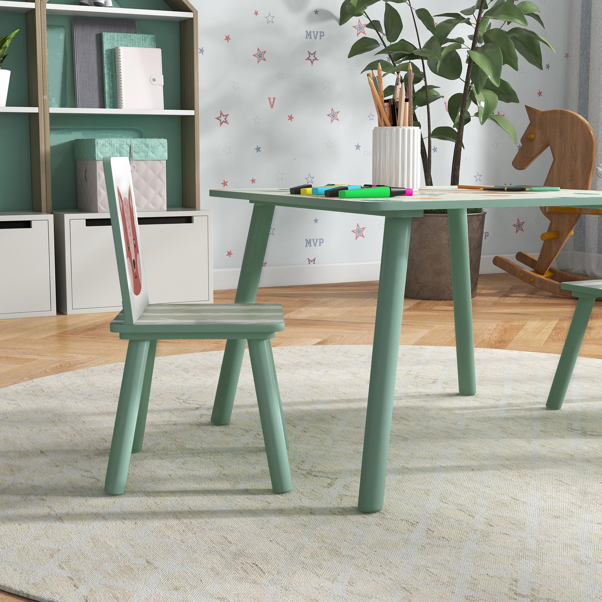 ZONEKIZ Kindertisch mit 2 Stühlen 3-teilig Kindersitzgruppe mit Tiermotiv, Kinder Tisch Stuhl Set Kindermöbel Sitzgruppe für Kinderzimmer, Kindergärten, für 3-8 Jahren Kinder, Grün