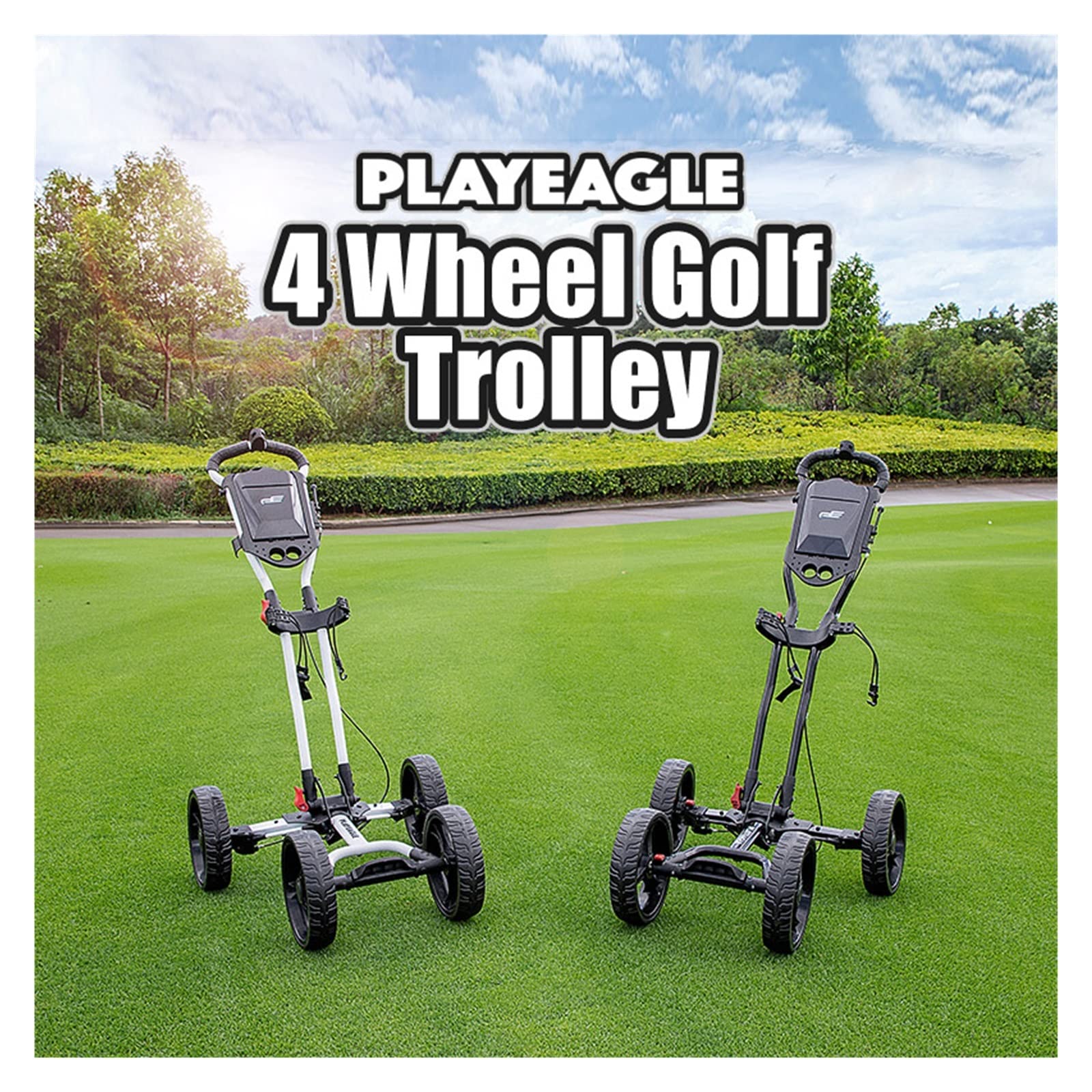 AmAzwi Golfzubehör Golfzubehör Faltbarer 4-Rad-Golftrolley-Taschen-Pull-Push-Wagen mit Flaschenschirmständer-Caddy für drinnen und draußen