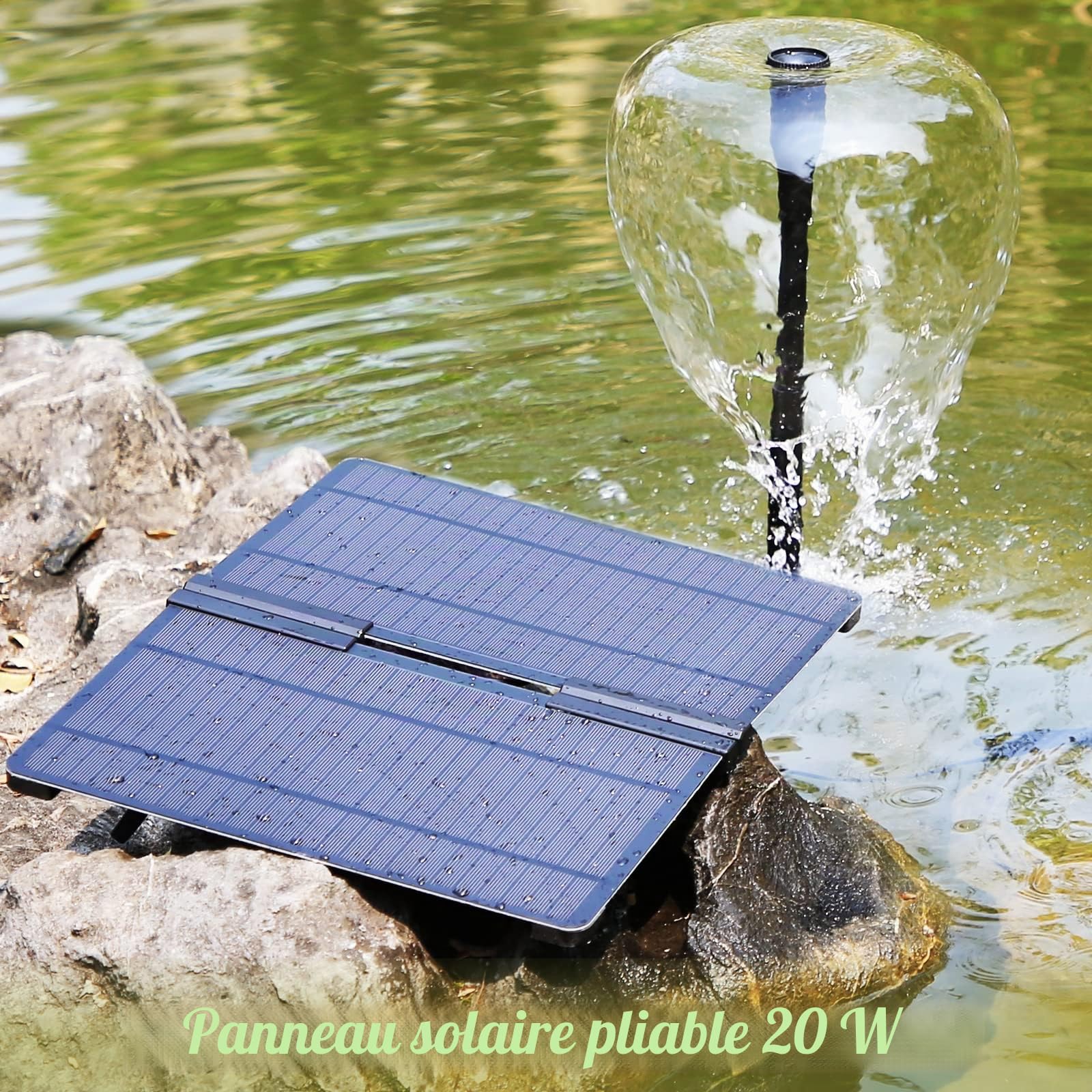AMZtime Fontaine et Solaire 20W Pliante Pompe à Eau Extérieur avec Support Réglable pour Jardin, Étang, Bricolage