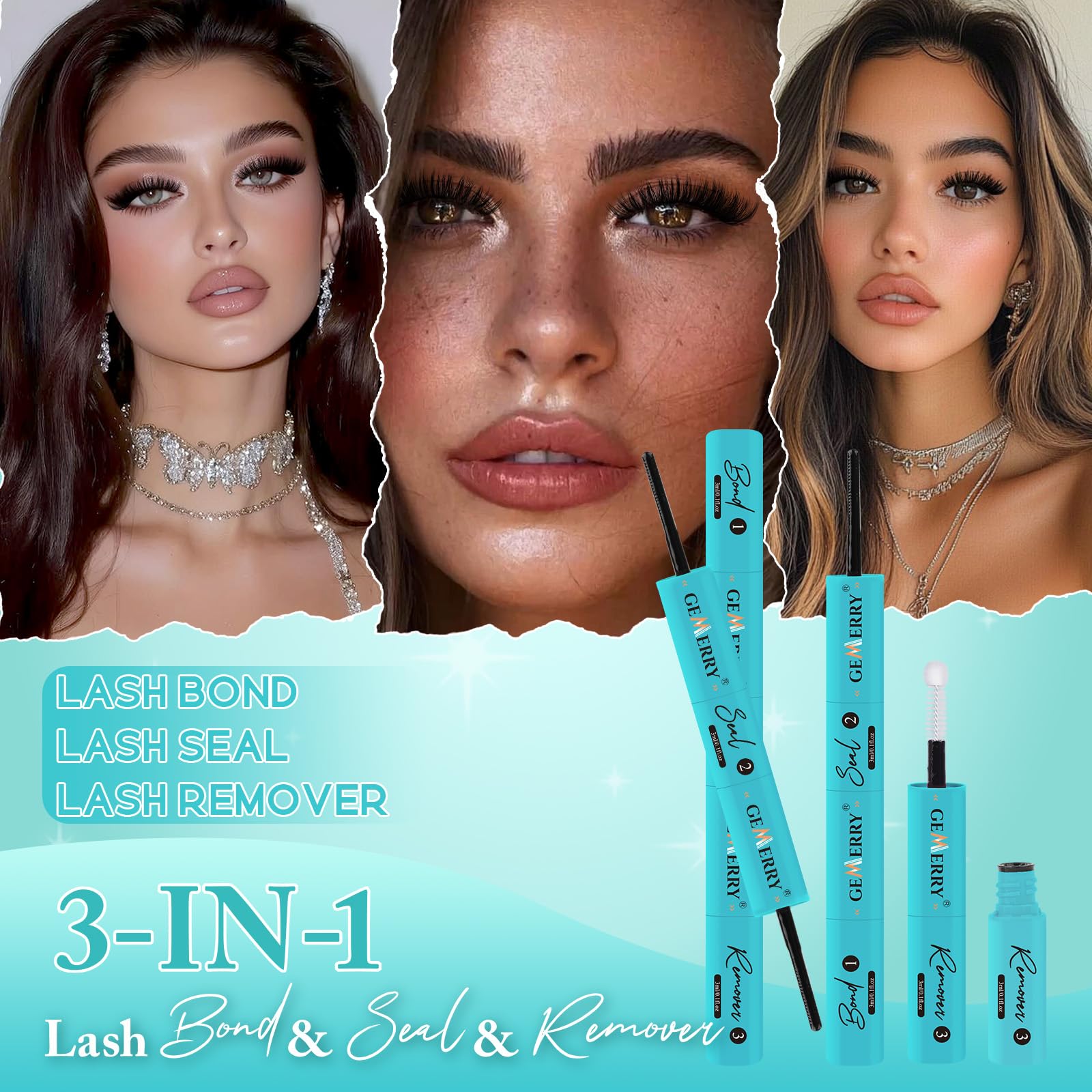 GEMERRY 3-IN-1 Bond & Seal & Remover Colla Ciglia Finte Ciuffetti Bond e Seal Ciglia Nero Colla per Ciglia Finte Durata 72 ore+ Impermeabile | Nuoto e Bagno | Senza Lattice