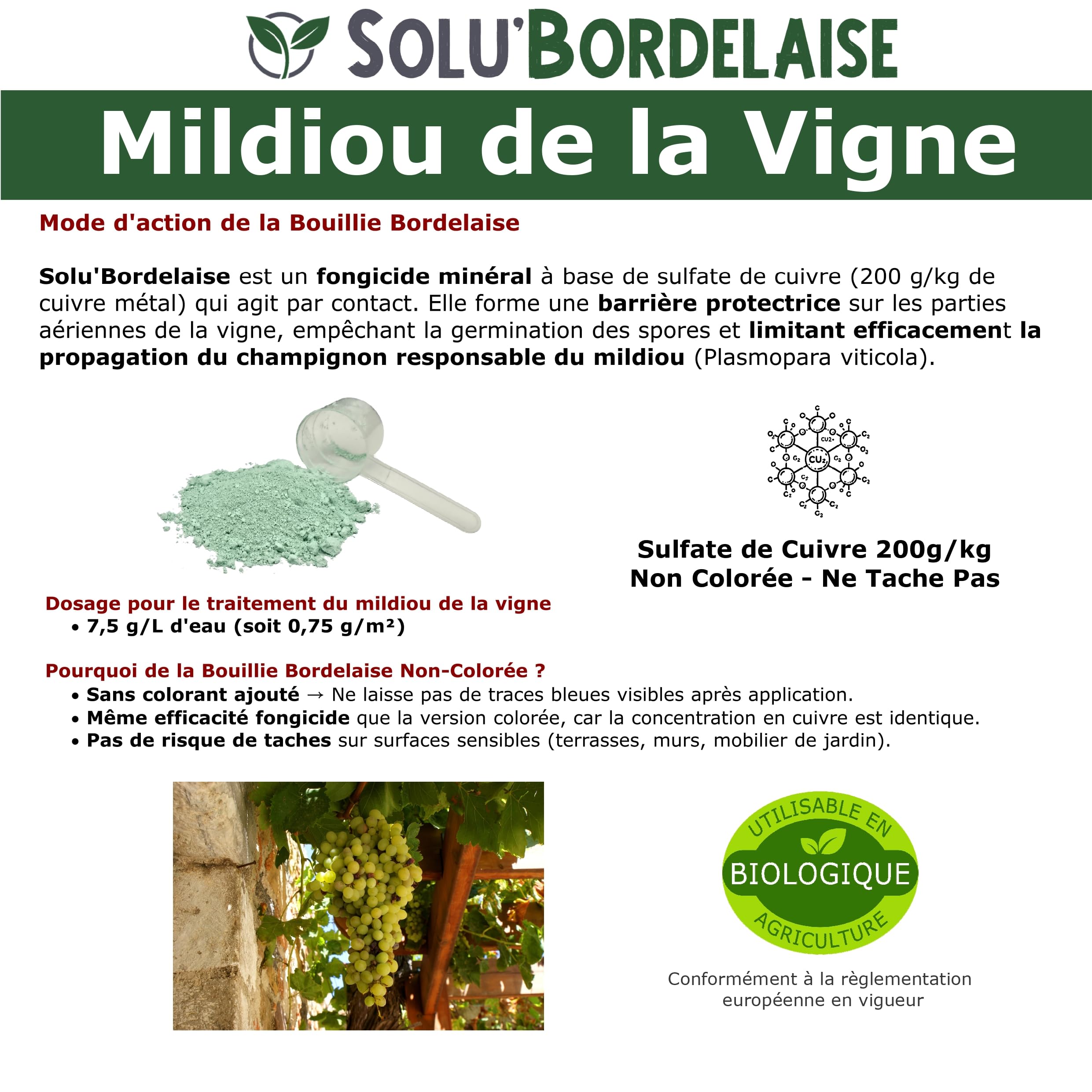 Solu'Bordelaise - 3 kg de Bouillie Bordelaise - Mildiou de la Vigne - Utilisable Agriculture Biologique - 3 Sachets Refermable de 1 kg