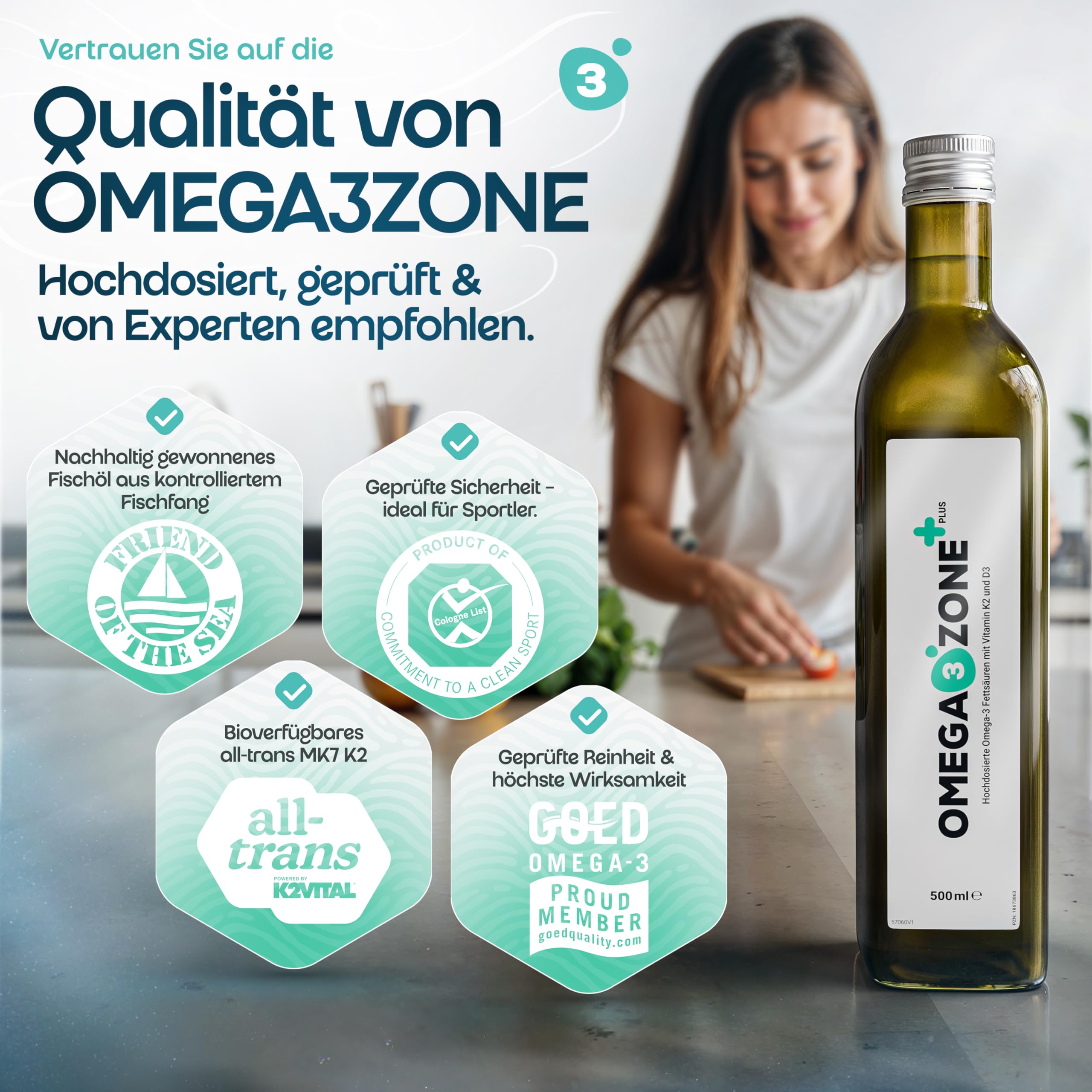 omega3zone Omega 3 Öl mit Vitamin D3 K2 | Deutsche Qualität | Zitrone | 3 in 1 | Hochdosiert mit 3.000 mg EPA und DHA, Vitamin D3 und All Trans MK7 K2Vital® | Zitronen-Geschmack ohne Aufstoßen
