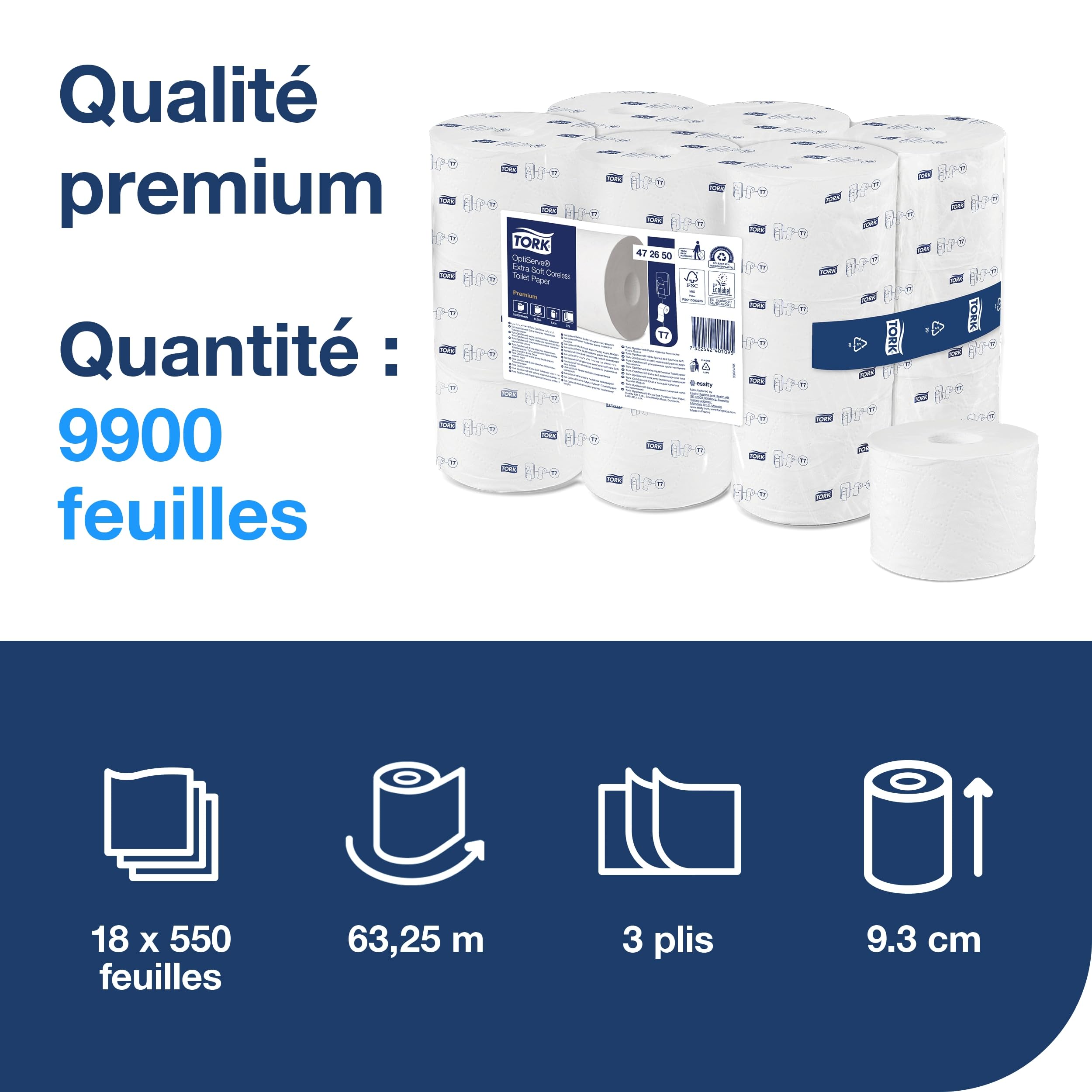 Tork OptiServe, Soft Coreless Toilet Paper, T7, 472650, 18 x 550 Feuilles | Premium, 3 Ply, Blanc, Extra