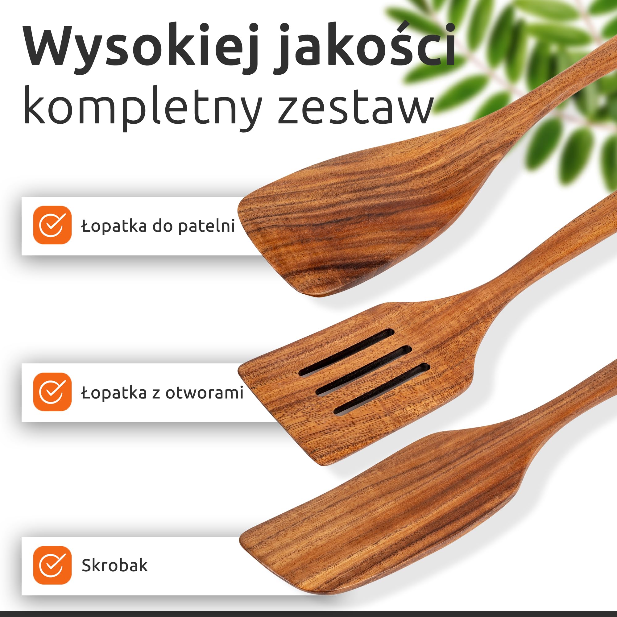 ECENCE Zestaw Łopatek z Drewna Akacjowego - 3-częściowy Zestaw Przyborów Kuchennych - Drewniane Łopatki Odporne na Ciepło - do Patelni Nieprzywierających i Garnków z Powłoką