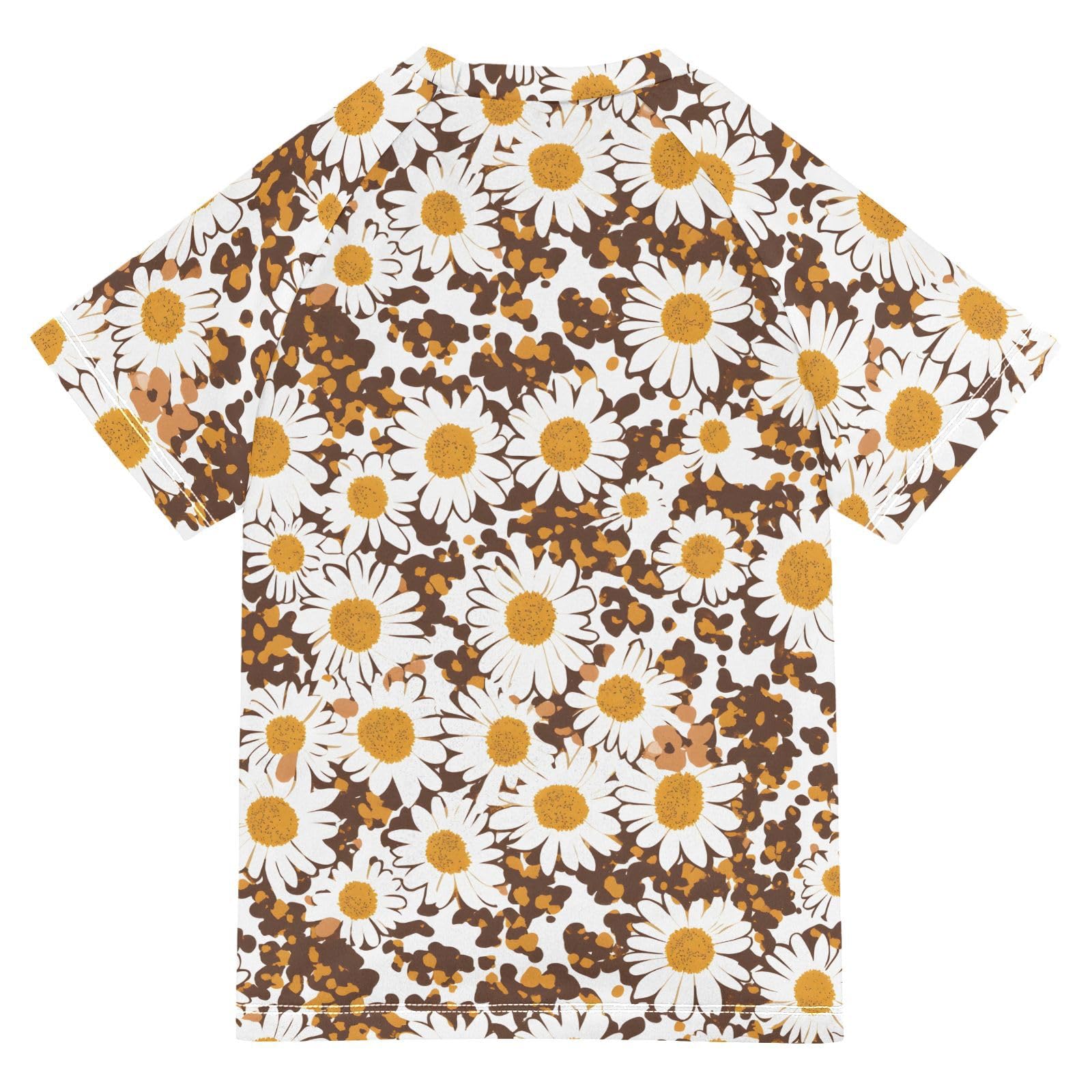 ALAZA Boys Swim Shirts Toddler Rash Guard Short Sleeve Rashguard White Daisy Flower Leopard UPF 50+ 11-12T