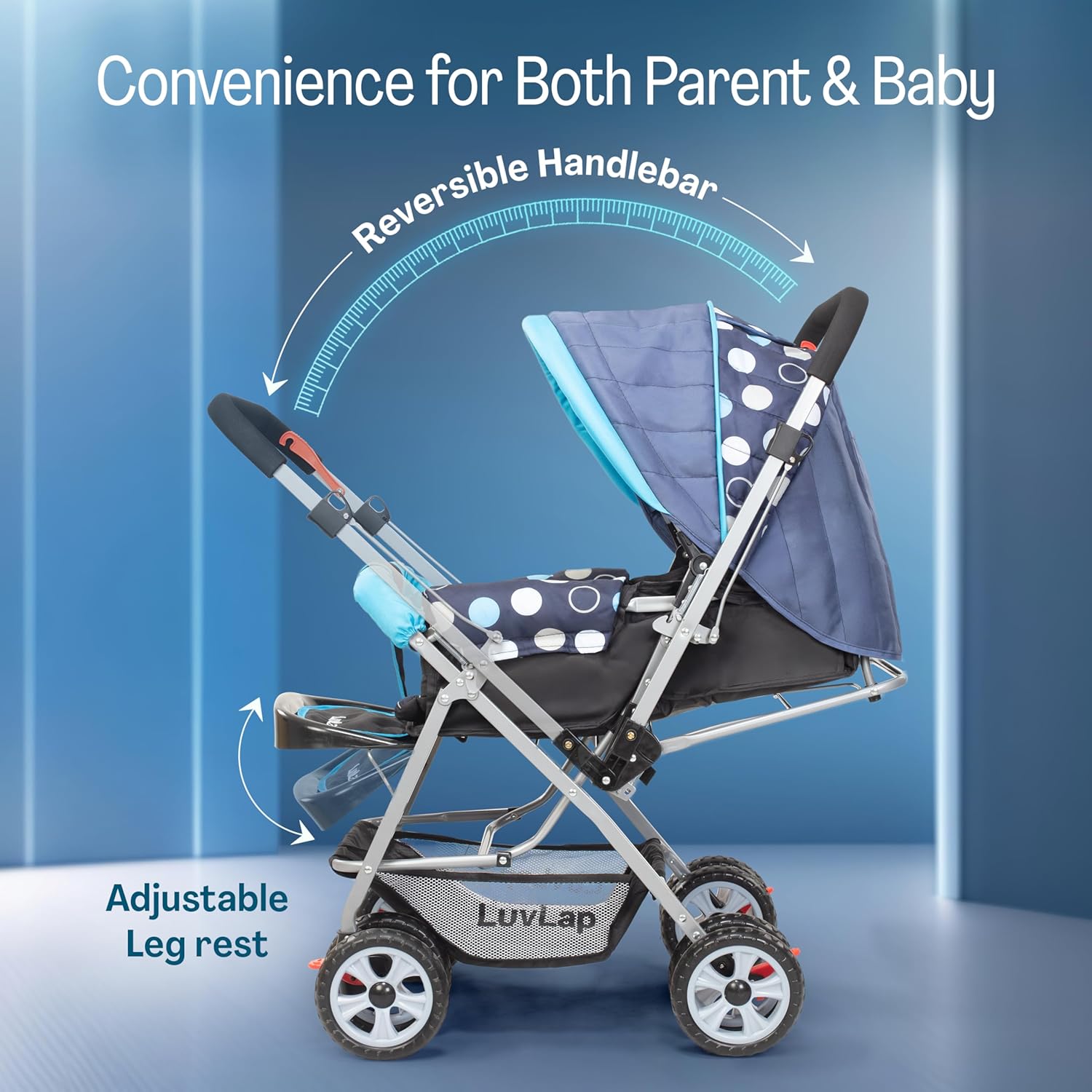 LuvLap Sunshine Baby Stroller/Pram for 0 to 3 Years, New Born/Toddler/Kid, 5 Point Safety Harness, Adjustable backrest, 360° Swivel Wheel, Large Storage Basket, Reversible Handlebar (Blue) - Image 4