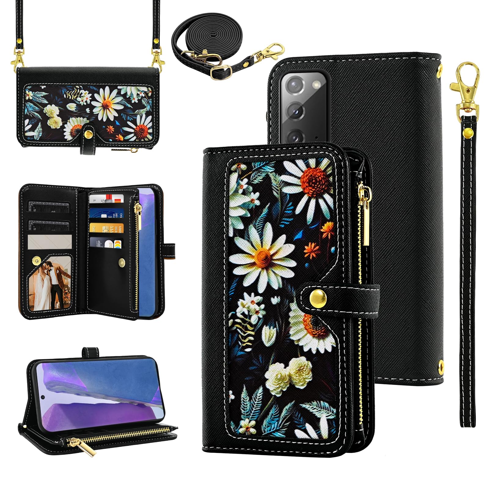 Furiet Floral Wallet Case for Samsung Galaxy Note 20 5G with Wrist Strap Shoulder Strap Flip Zipper Purse Luxury PU Leather Card Holder Stand Cell