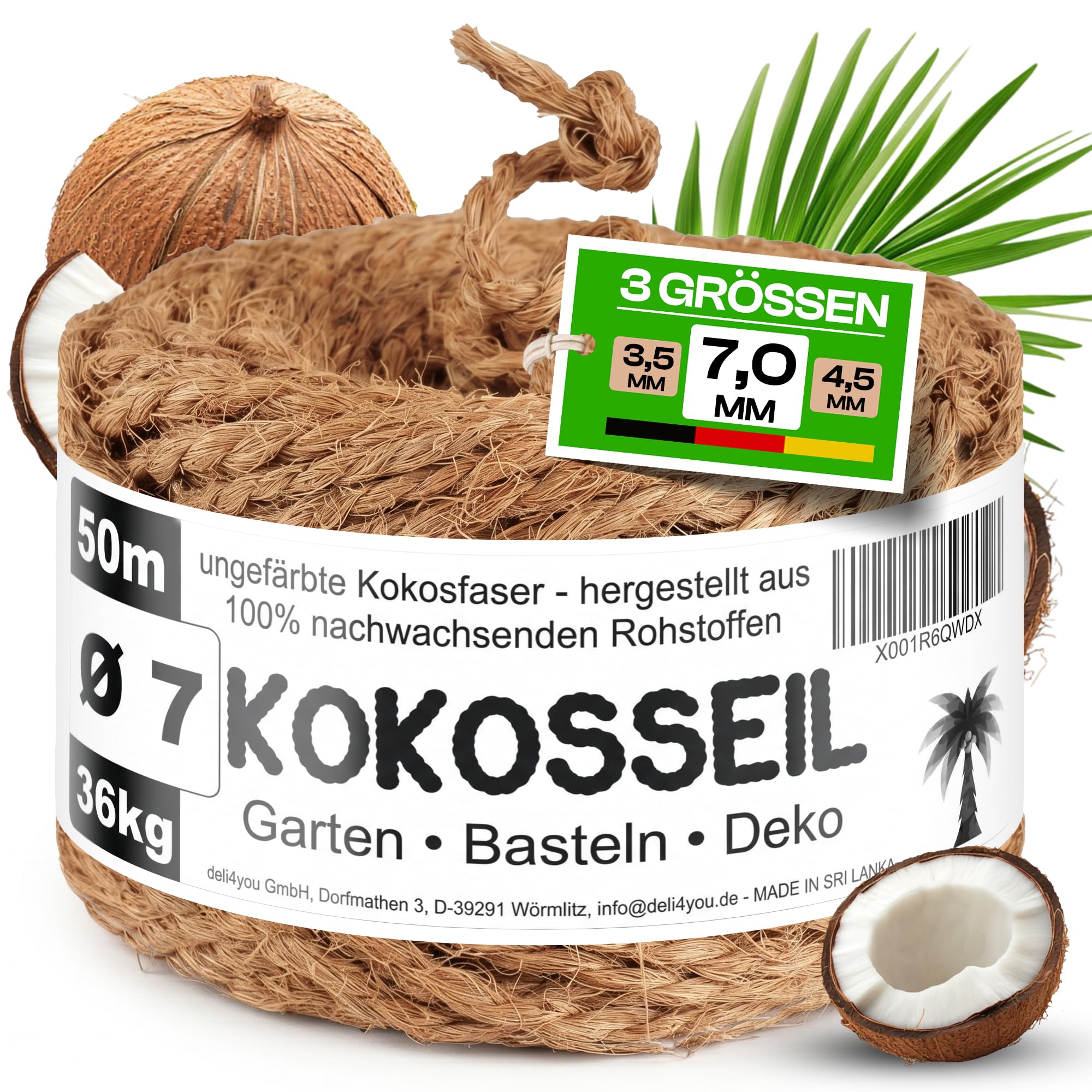deli4you Kokosseil Gartenseil für Pflanzen – 7mm x 50m Kokosstrick für Bäume Kokosfaserschnur Baumbinder Kokosseil für Bäume unbehandeltes Kokosband Gräser zusammenbinden