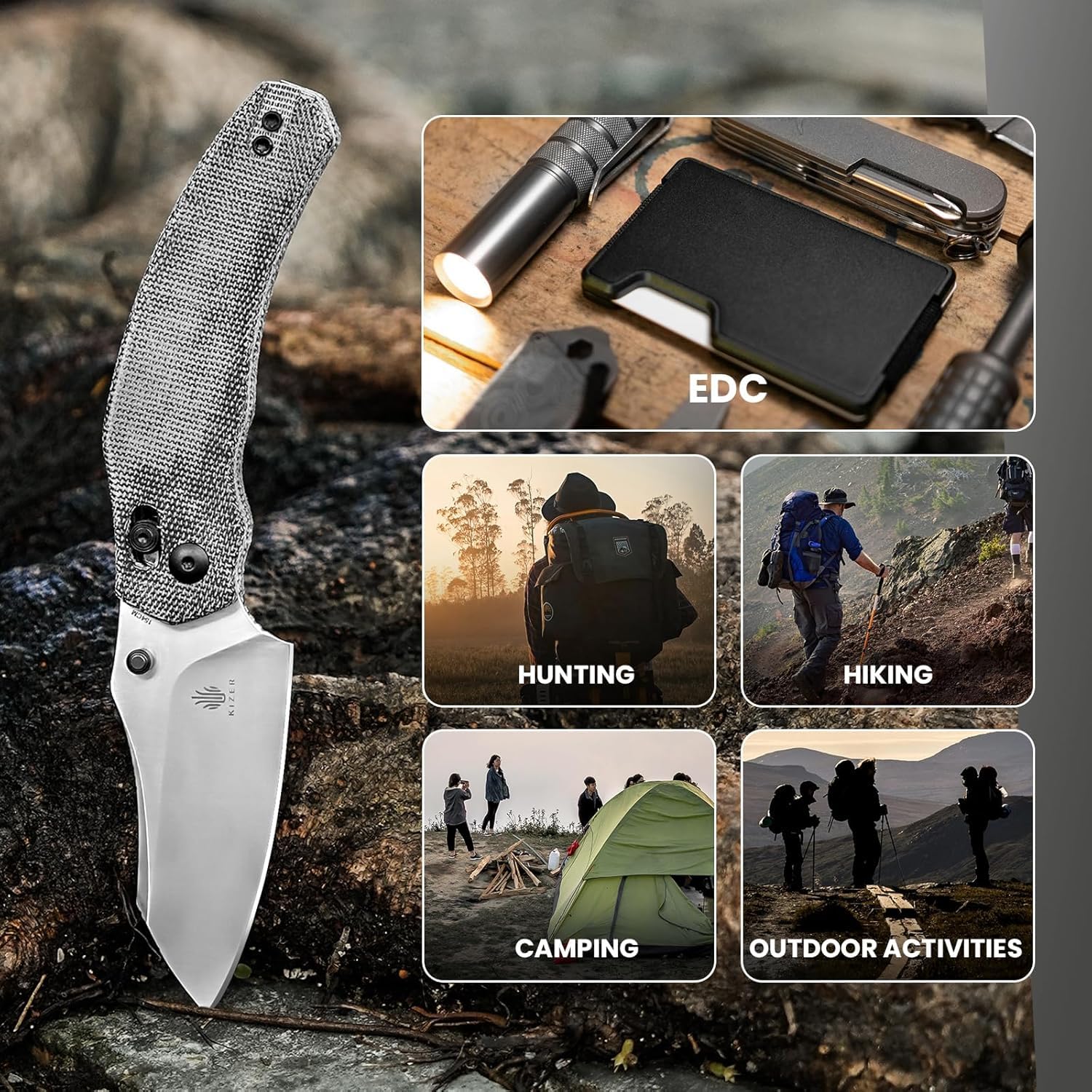 Kizer Bulldog Navaja Plegable, Cuchillo Plegable con Hoja Sheepsfoot de 7,6 cm, Mango de Micarta de Acero 154CM, Navaja EDC para Camping al Aire Libre, Caza y Supervivencia V3672C2