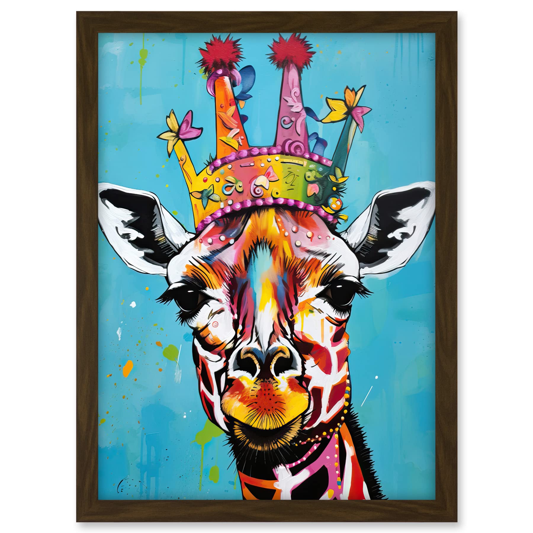 Artery8 Giraffe Wearing Princess Crown Modern Folk Art Artwork Framed A3 Wall Art Print