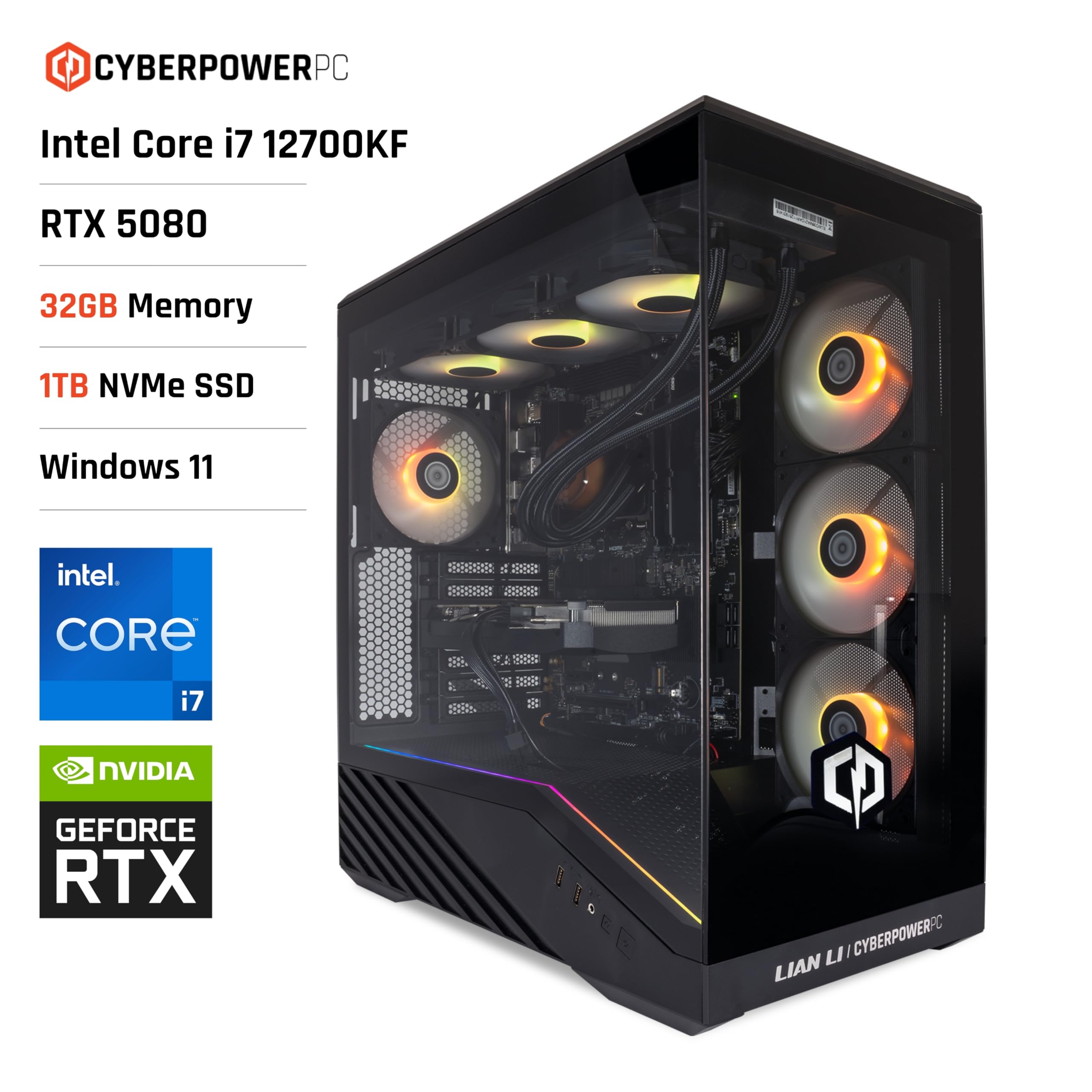 CyberPowerPC Luxe Gaming PC - Intel Core i7 12700KF, Nvidia RTX 5080, 32GB RAM, 1TB NVMe SSD, 850W PSU, Windows 11, Liquid Cooling, V100R