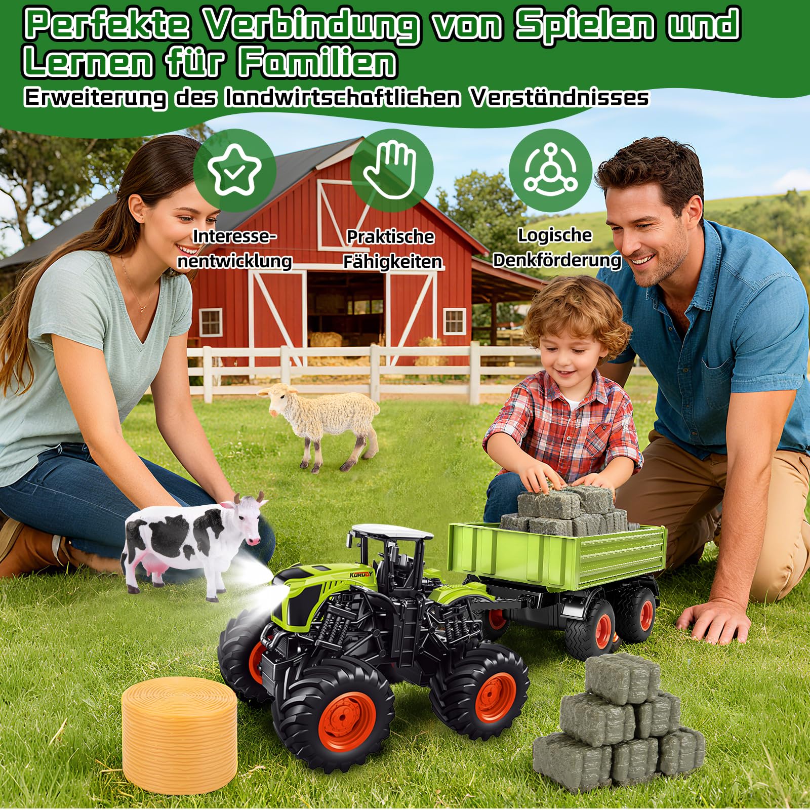 Ulikey Groß Ferngesteuerter Traktor, 1:16 11-Kanal RC Traktor Spielzeug für Kinder, 2.4 Ghz Elektro Trecker Ferngesteuert mit Anhänger, Kuh, Heuhaufen Bauernhof Spielzeug ab 4 5 6 7 8 9 Jahre