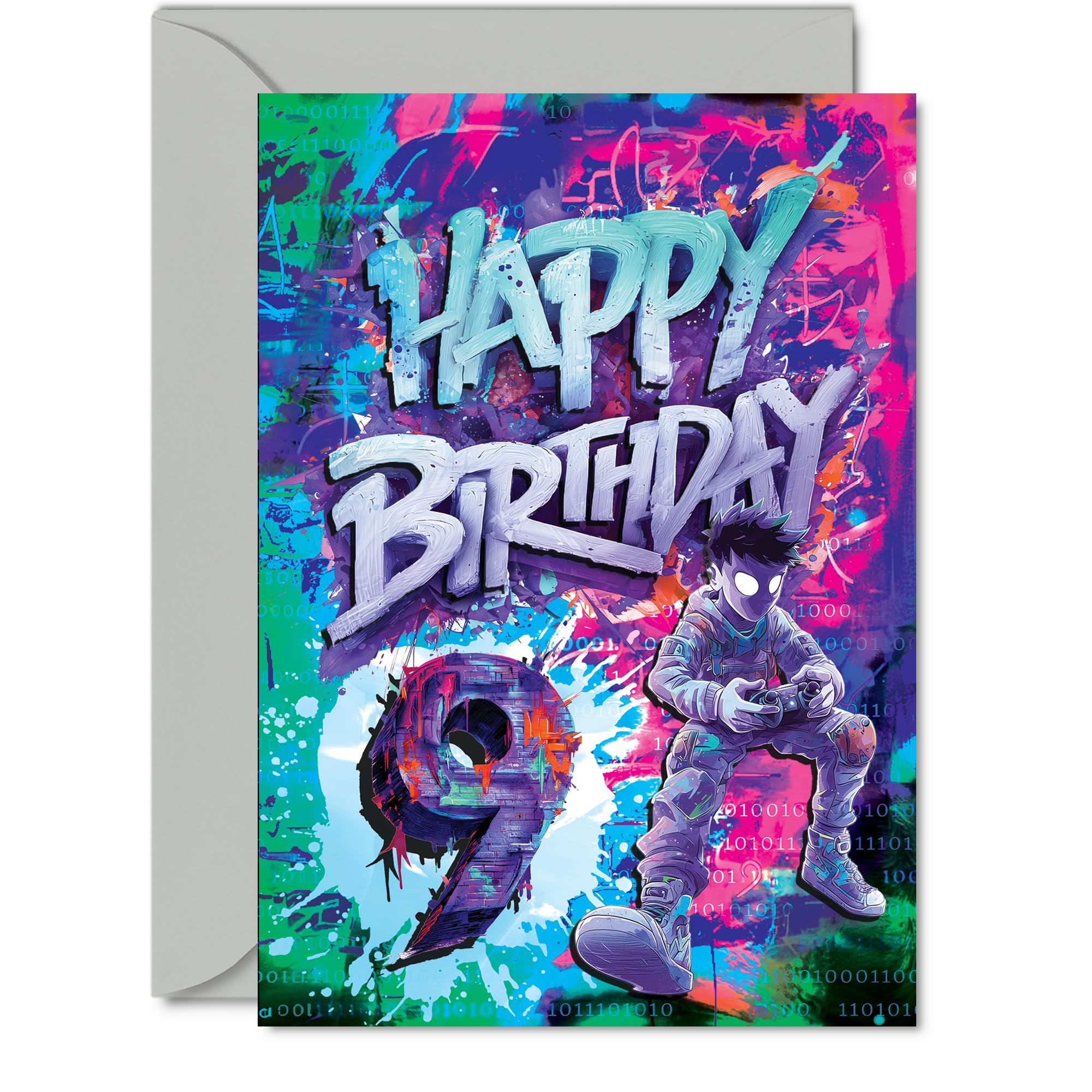9th Birthday Cards for Boys Girls - Epic Gamer - Happy Birthday Card for 9 Year Old Boy Girl Nephew Sister Daughter Cousin, 5x7 Inch Bday Greeting Cards