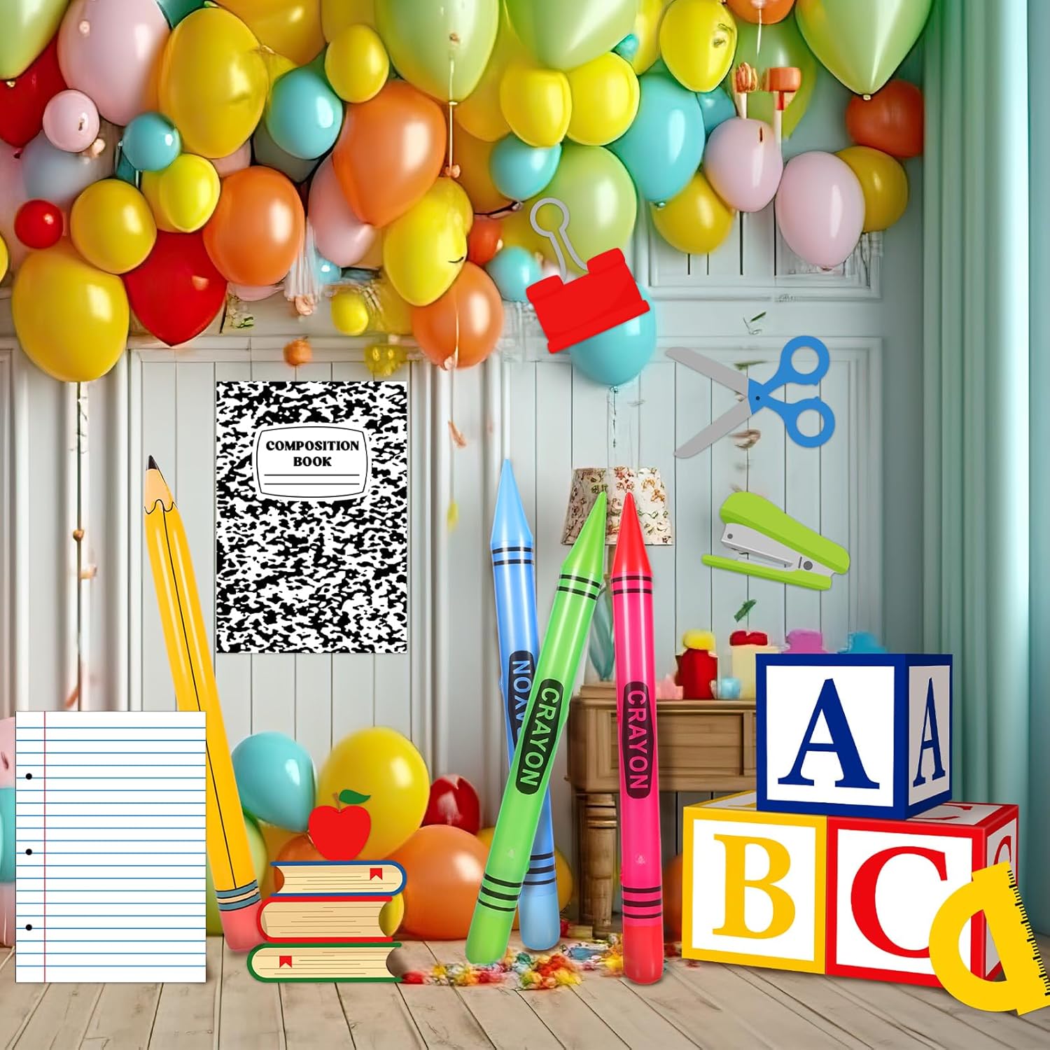 14 Pcs Giant School Theme Party Decorations ABC Alphabet Party Favor Box Large Inflatable Pencil Crayon for Celebration Back to School Birthday Decoration