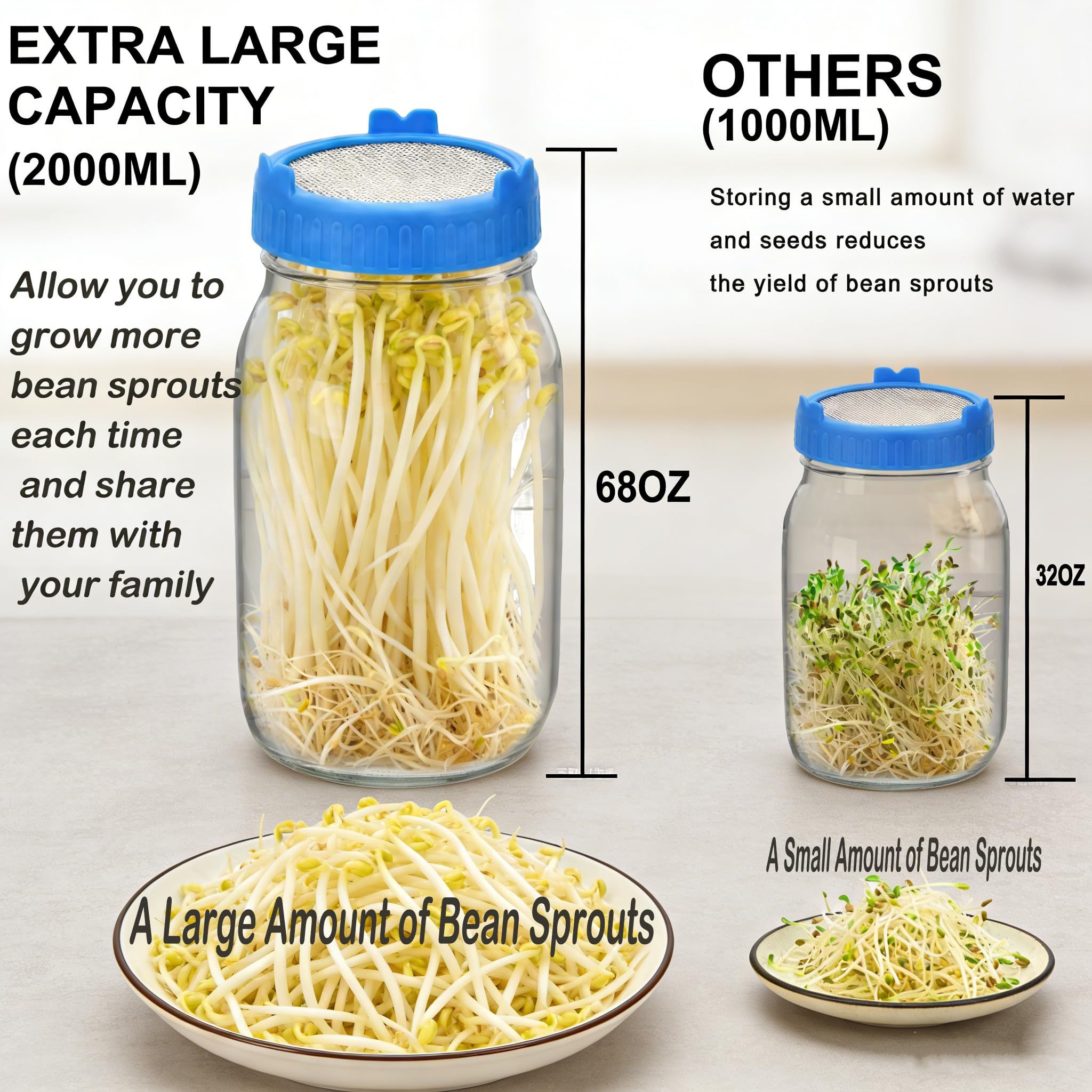 [Große Größe] Sprossen-Set, 2 Sprossenglas-Kits, Weithalsglas mit Edelstahl-Sieb, Sprossendeckel, 2000 ml Sprossen-Wachstums-Kit, Samen-Keim-Set für den Anbau von Brokkoli, Bohnen, Luzerne